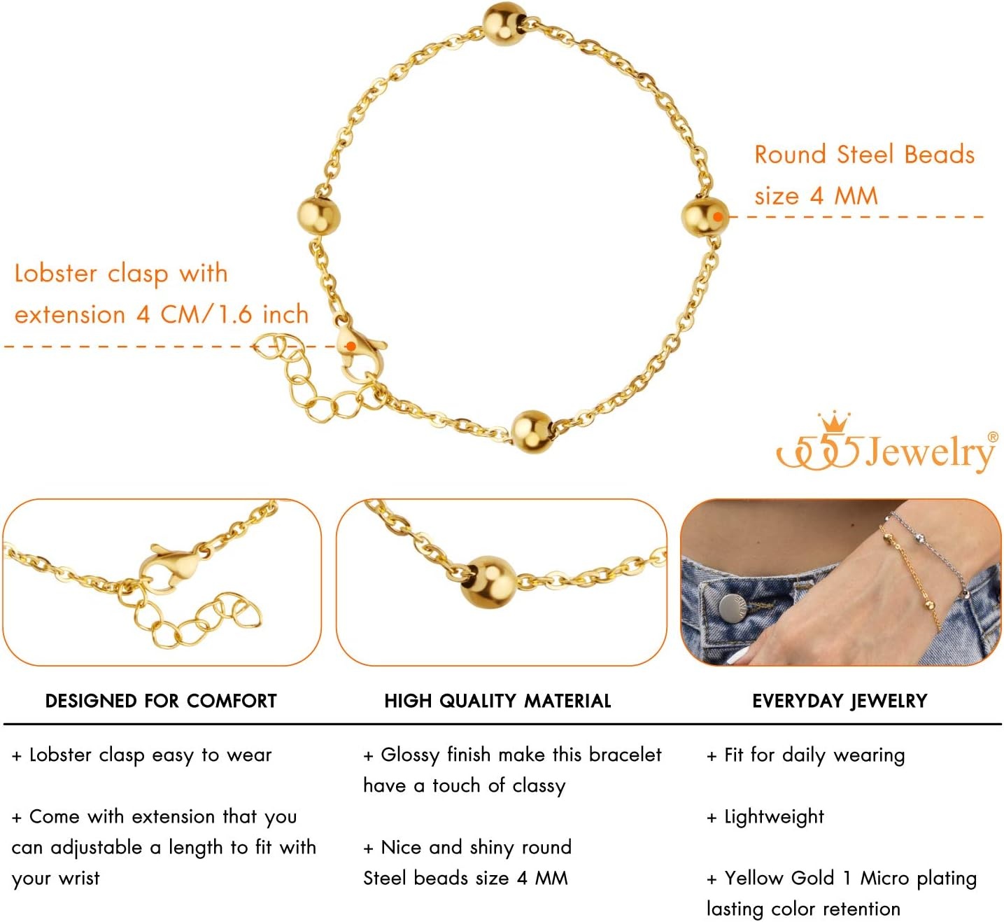 image:image555Jewelry 2mm Stainless Steel Adjustable Cable Link Chain Bead Bracelets for Women Dainty Bracelets for Women Beaded Bracelets for Ladies Womens Beaded Bracelets Sliver 8 InchGold