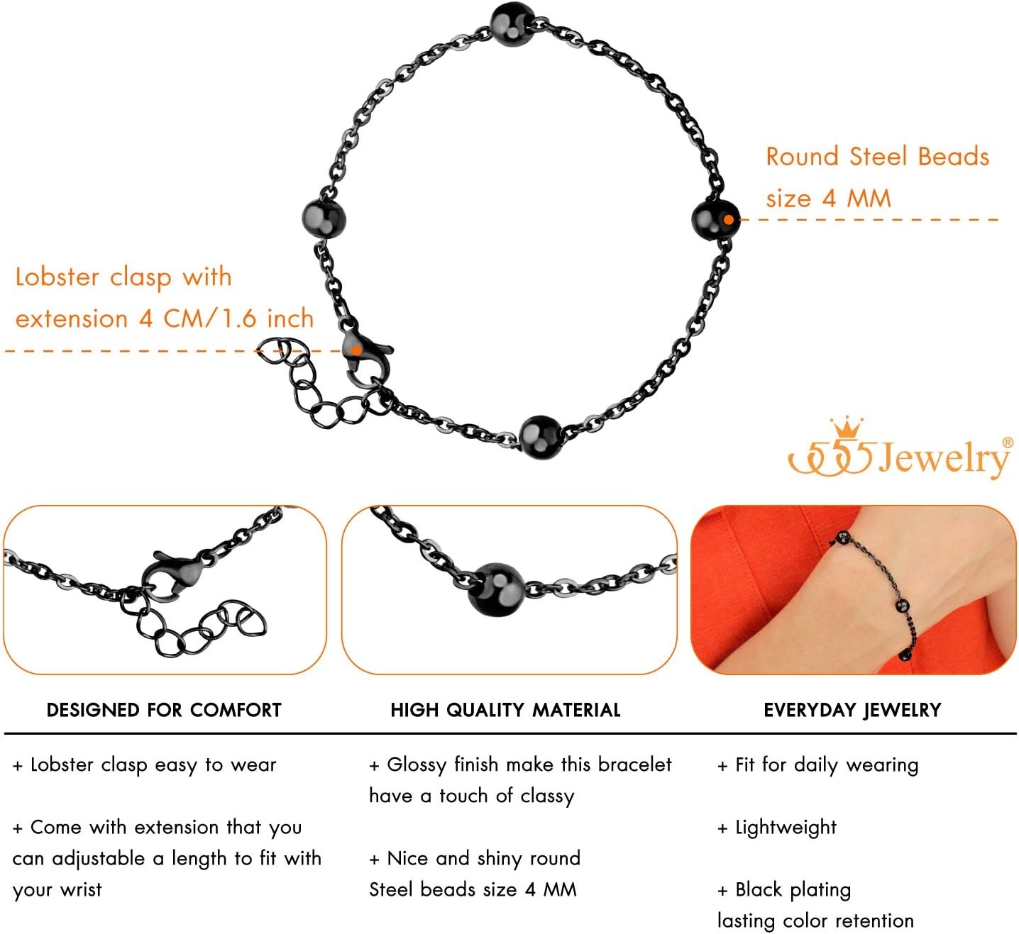 image:image555Jewelry 2mm Stainless Steel Adjustable Cable Link Chain Bead Bracelets for Women Dainty Bracelets for Women Beaded Bracelets for Ladies Womens Beaded Bracelets Sliver 8 InchBlack