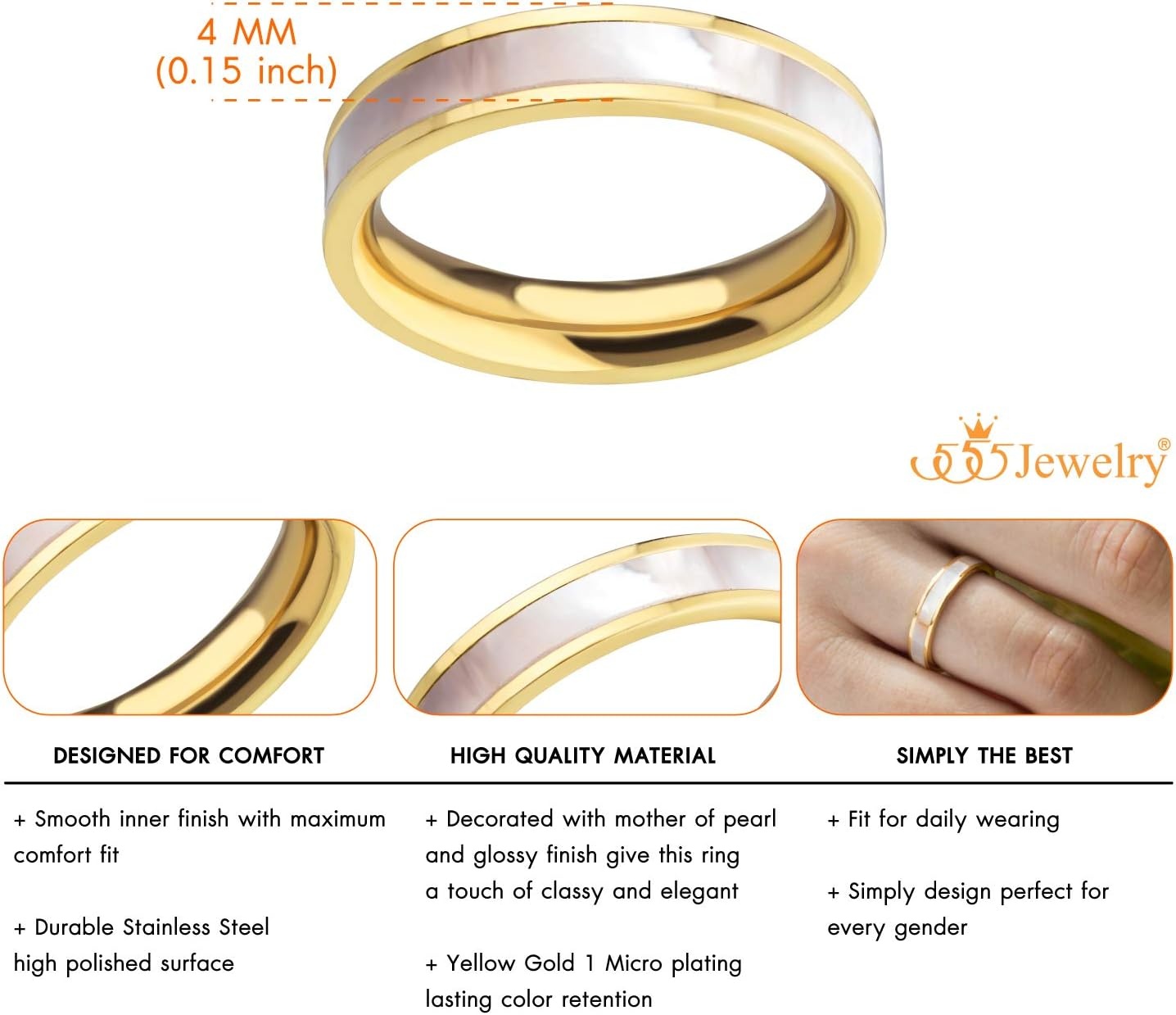 image:image555Jewelry 4mm Mother of Pearl Abalone Shell Inlay Band Ring for Women amp LadiesGold