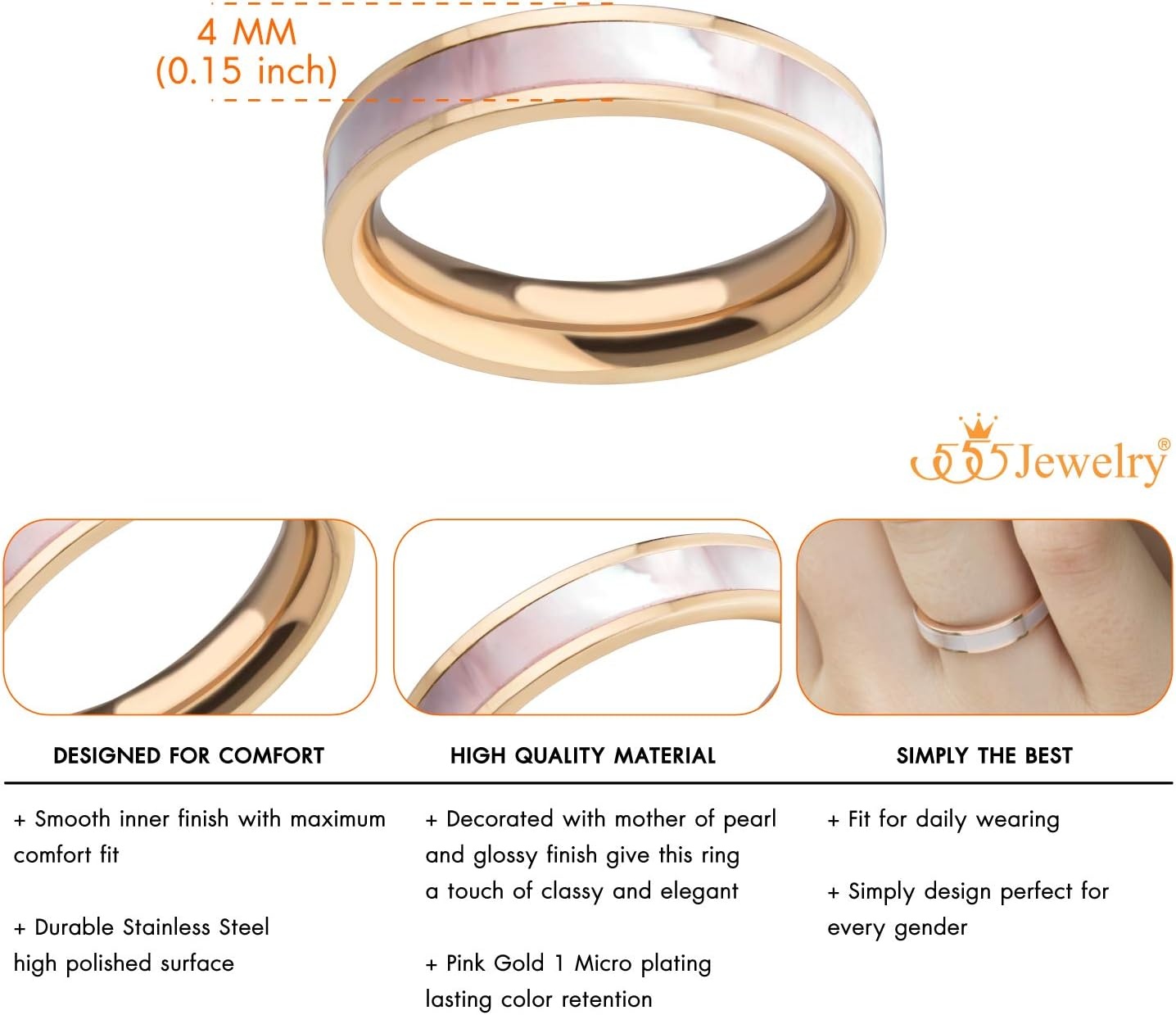 image:image555Jewelry 4mm Mother of Pearl Abalone Shell Inlay Band Ring for Women amp LadiesRose Gold