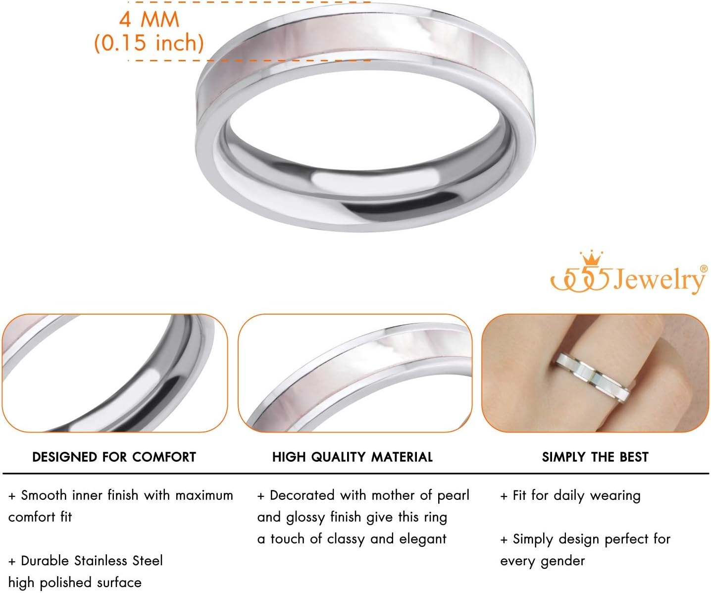 image:image555Jewelry 4mm Mother of Pearl Abalone Shell Inlay Band Ring for Women amp LadiesSilver