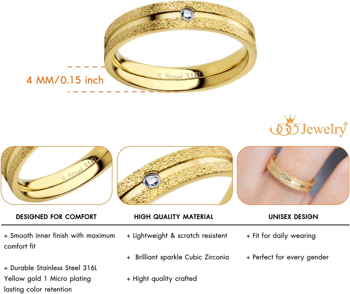 image:image555Jewelry 4mm Sandblast Stainless Steel CZ Wedding Band Ring for Women amp MenGold
