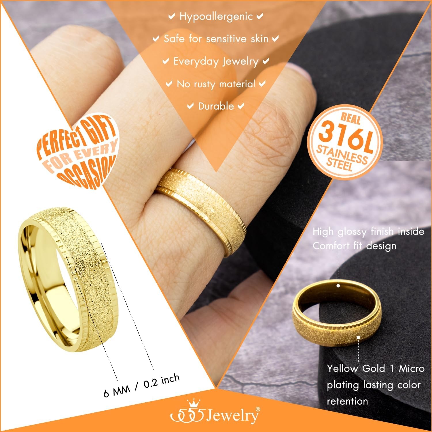 image:image555Jewelry 4mm Sandblast Stainless Steel CZ Wedding Band Ring for Women amp MenGold Style 10