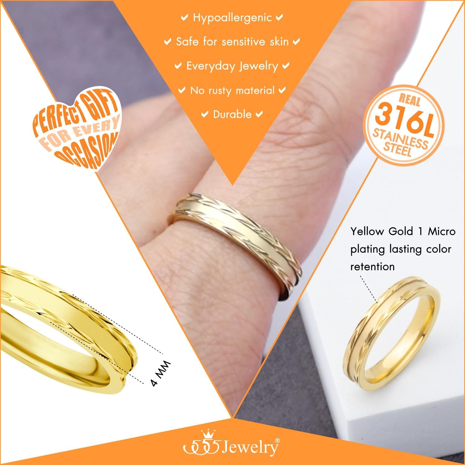 image:image555Jewelry 4mm Sandblast Stainless Steel CZ Wedding Band Ring for Women amp MenGold Style 11