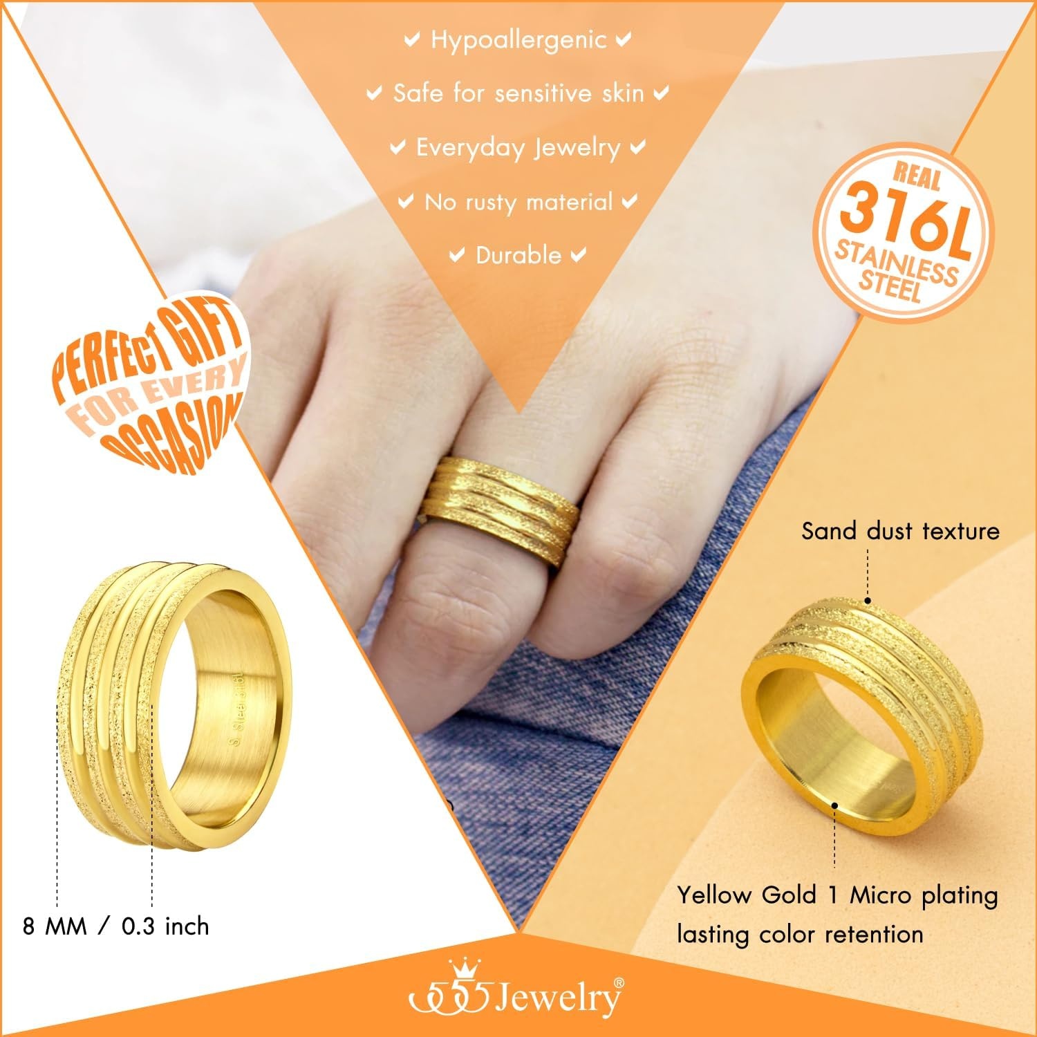 image:image555Jewelry 4mm Sandblast Stainless Steel CZ Wedding Band Ring for Women amp MenGold Style 4