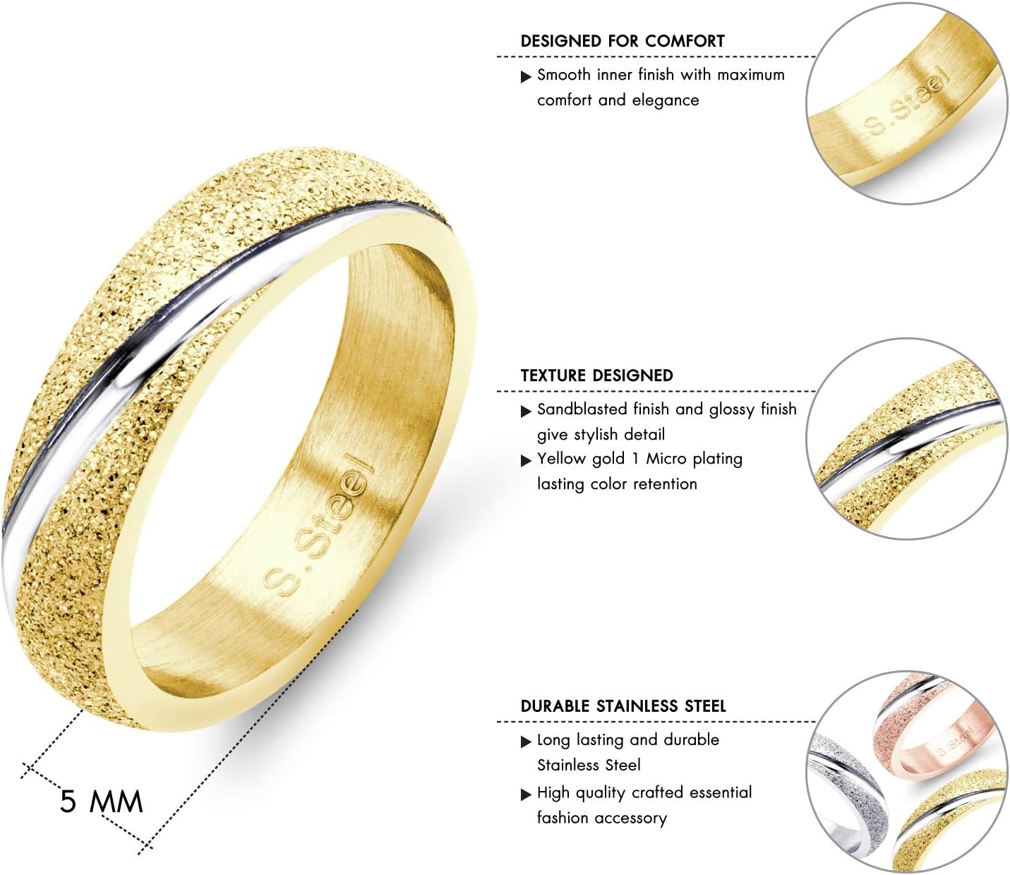 image:image555Jewelry 4mm Sandblast Stainless Steel CZ Wedding Band Ring for Women amp MenGold Style 6