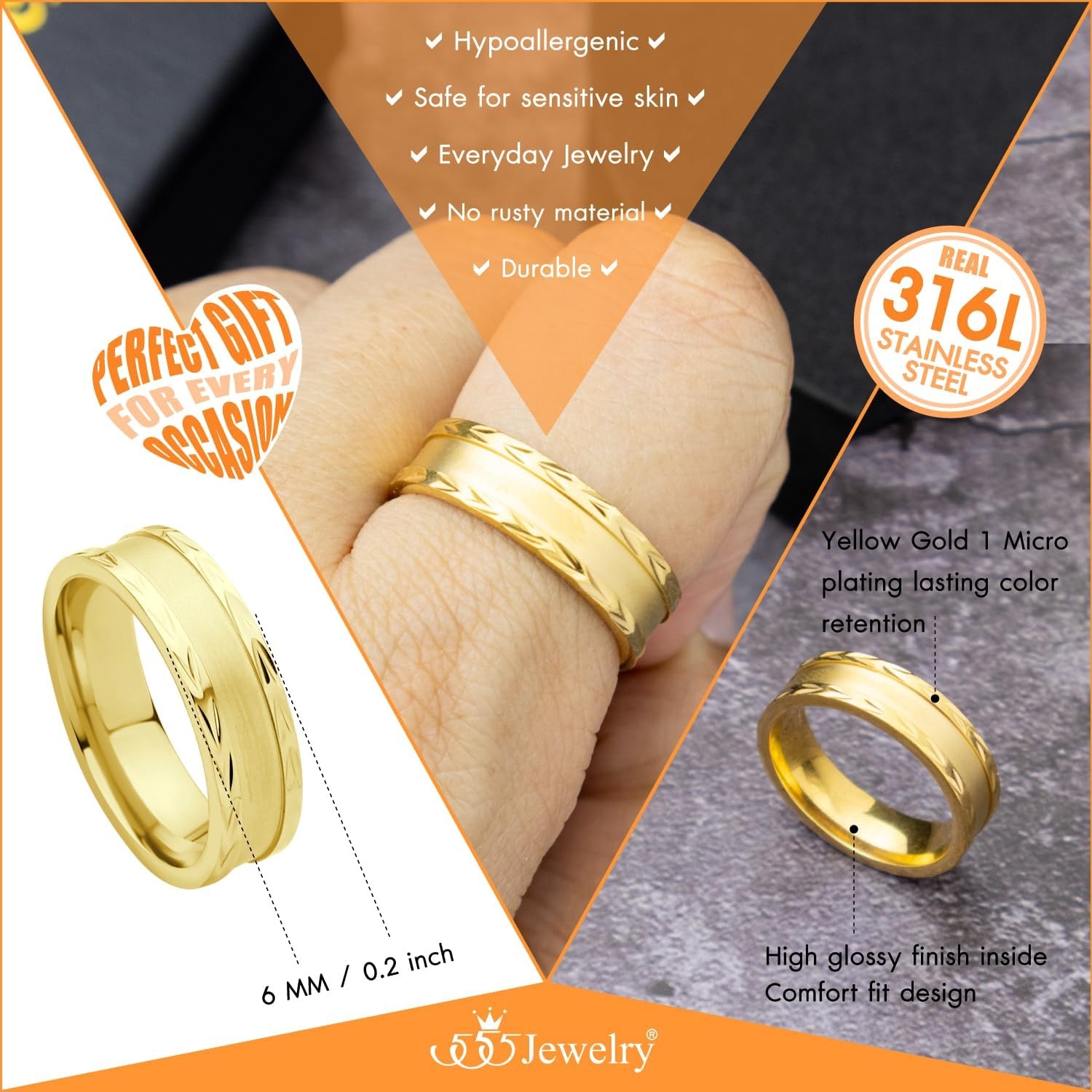 image:image555Jewelry 4mm Sandblast Stainless Steel CZ Wedding Band Ring for Women amp MenGold Style 7