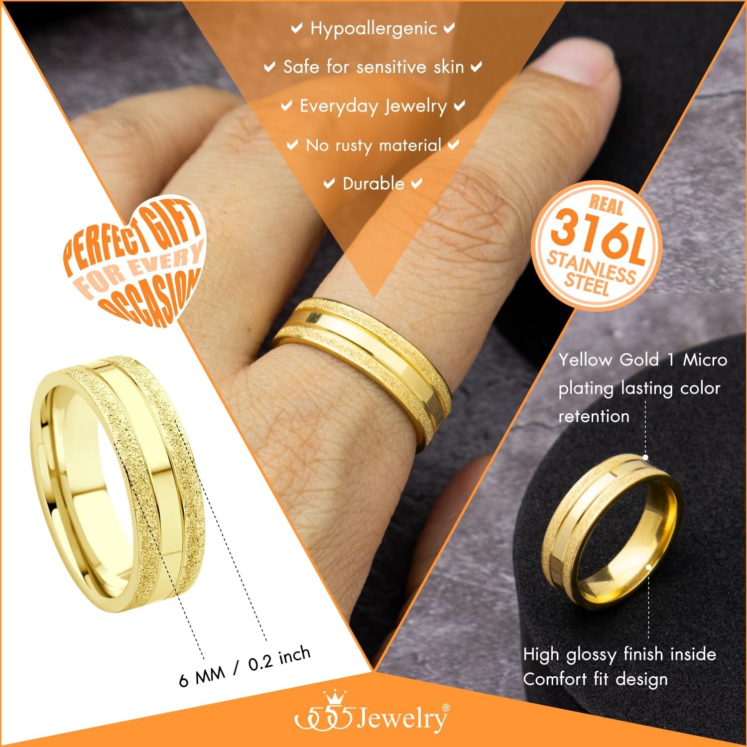image:image555Jewelry 4mm Sandblast Stainless Steel CZ Wedding Band Ring for Women amp MenGold Style 8