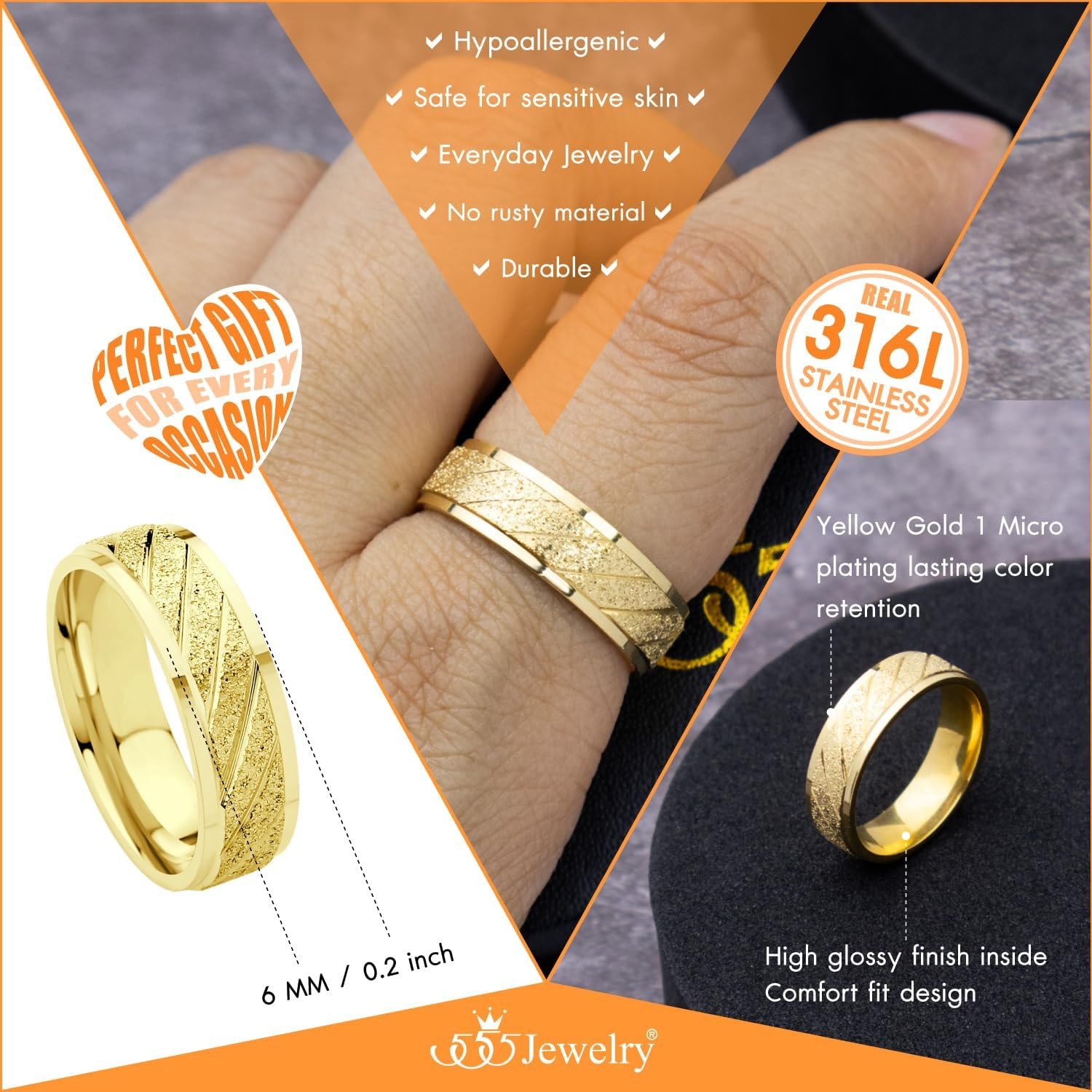 image:image555Jewelry 4mm Sandblast Stainless Steel CZ Wedding Band Ring for Women amp MenGold Style 9