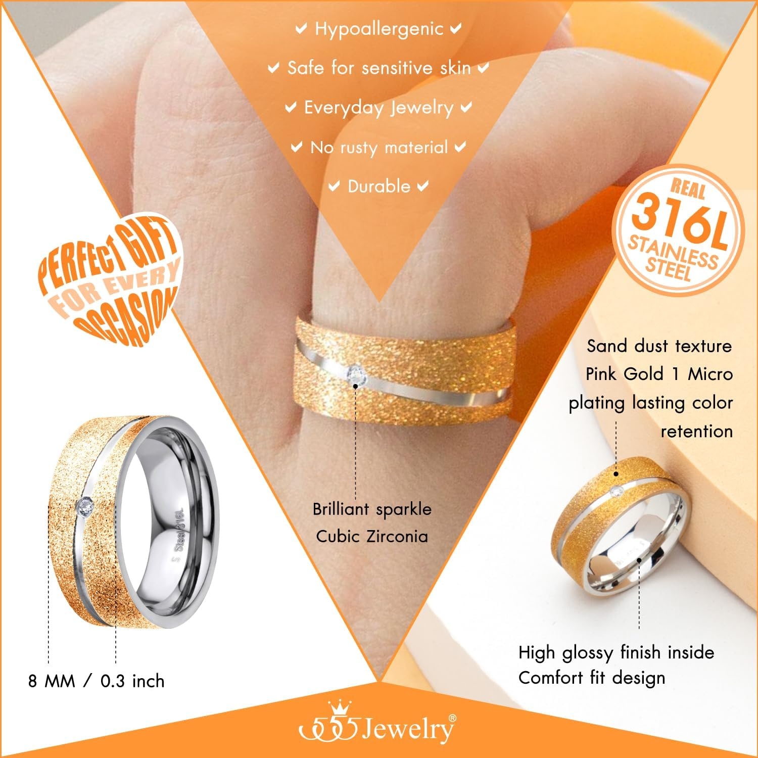 image:image555Jewelry 4mm Sandblast Stainless Steel CZ Wedding Band Ring for Women amp MenRose Gold Style 3