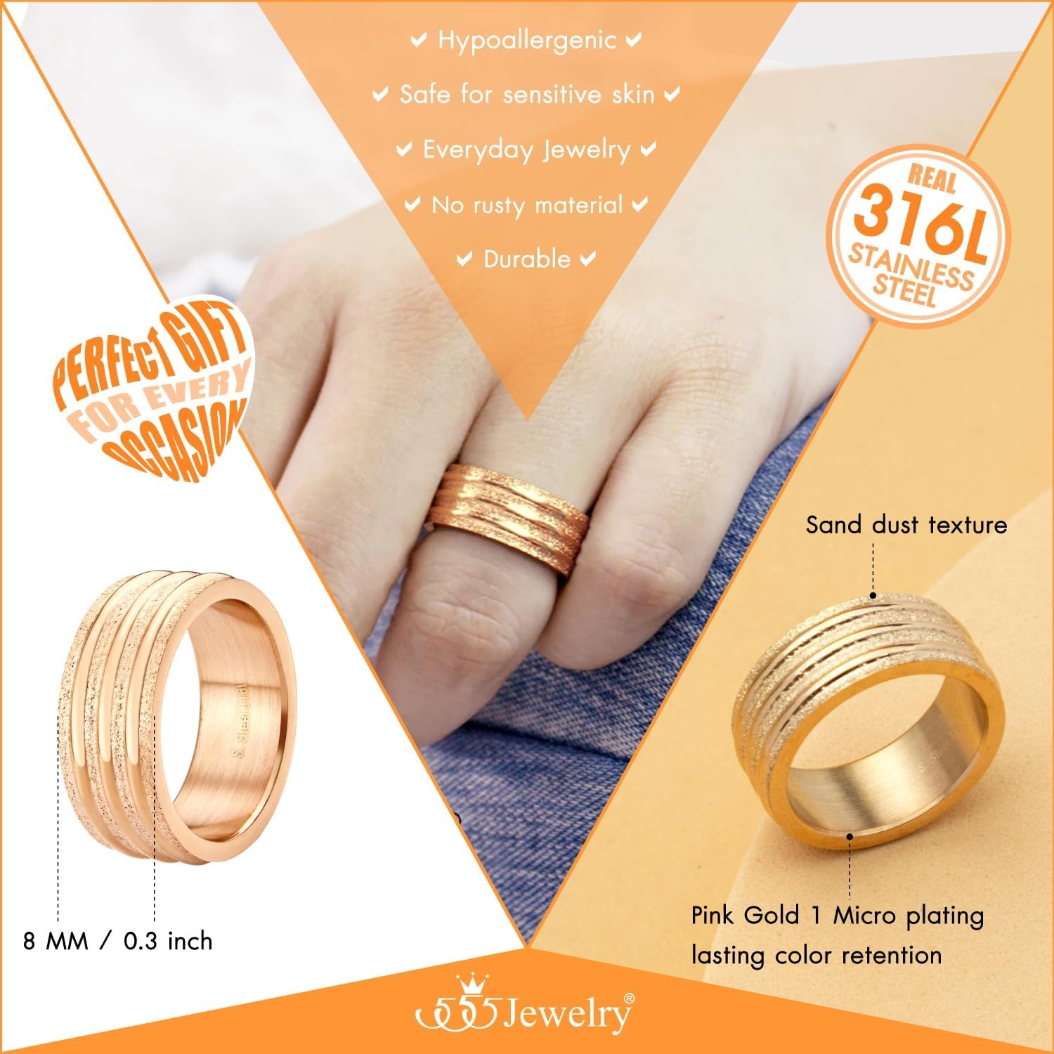 image:image555Jewelry 4mm Sandblast Stainless Steel CZ Wedding Band Ring for Women amp MenRose Gold Style 4