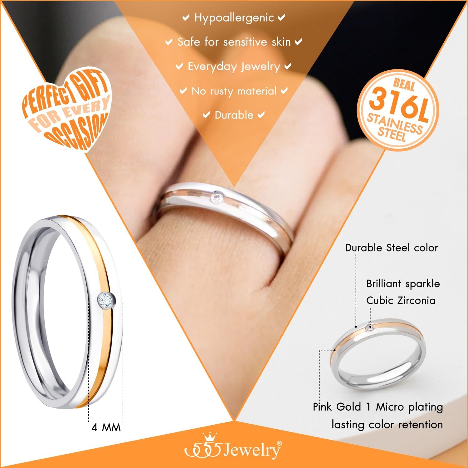 image:image555Jewelry 4mm Sandblast Stainless Steel CZ Wedding Band Ring for Women amp MenRose Gold Style 5