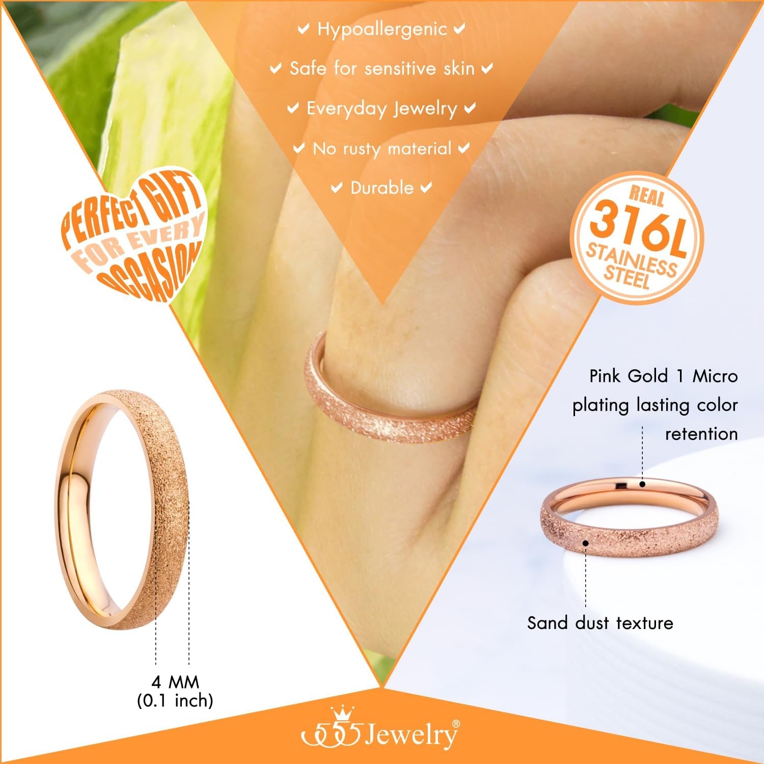image:image555Jewelry 4mm Sandblast Stainless Steel CZ Wedding Band Ring for Women amp MenRose Gold style 2