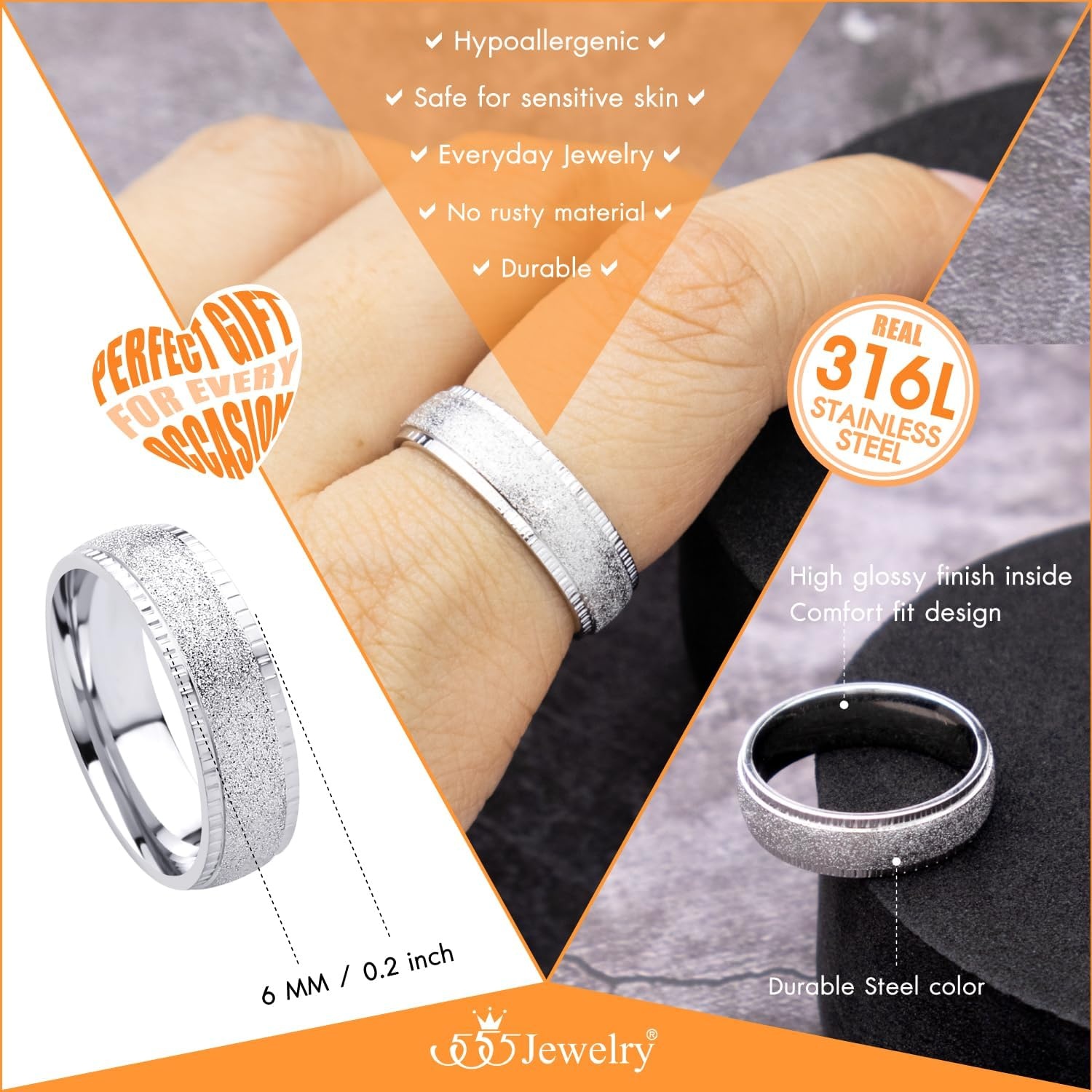 image:image555Jewelry 4mm Sandblast Stainless Steel CZ Wedding Band Ring for Women amp MenSilver Style 10