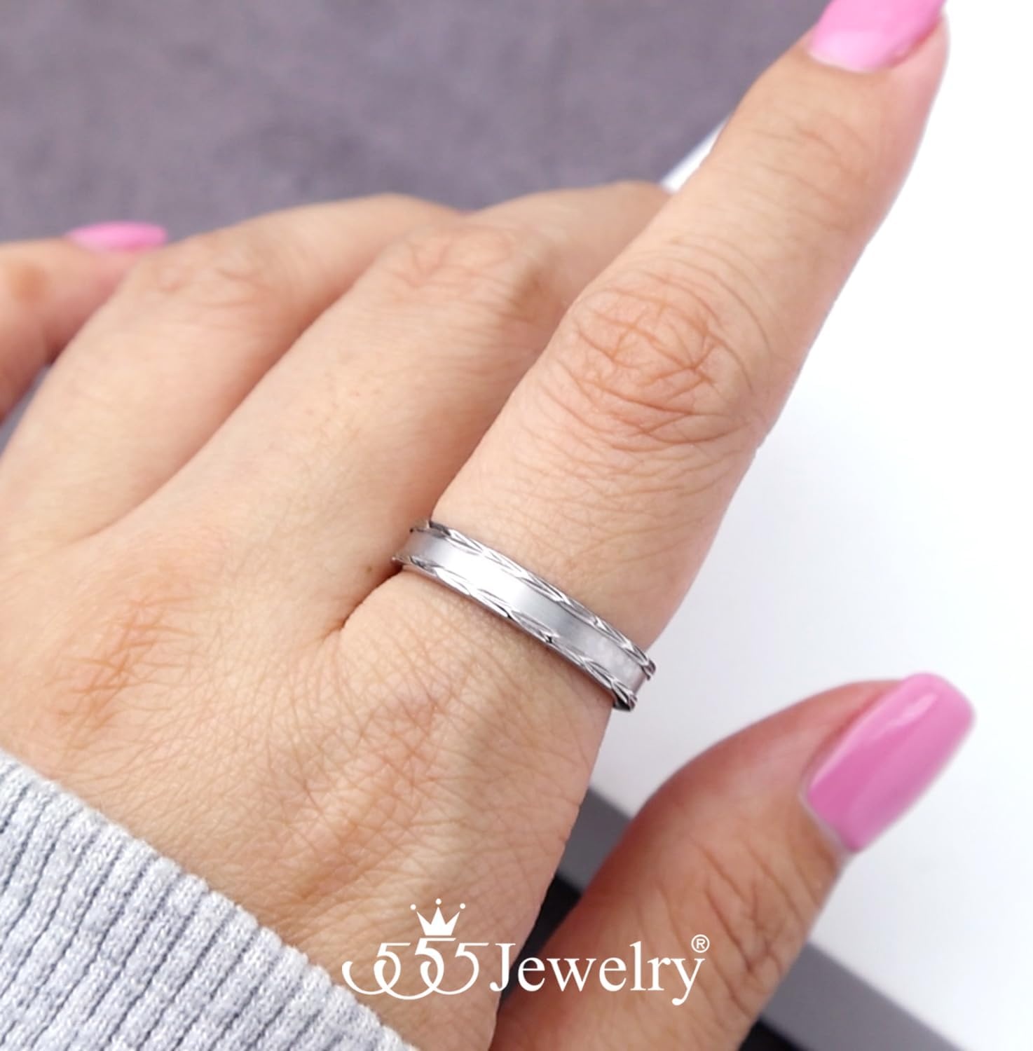 image:image555Jewelry 4mm Sandblast Stainless Steel CZ Wedding Band Ring for Women amp MenSilver Style 11