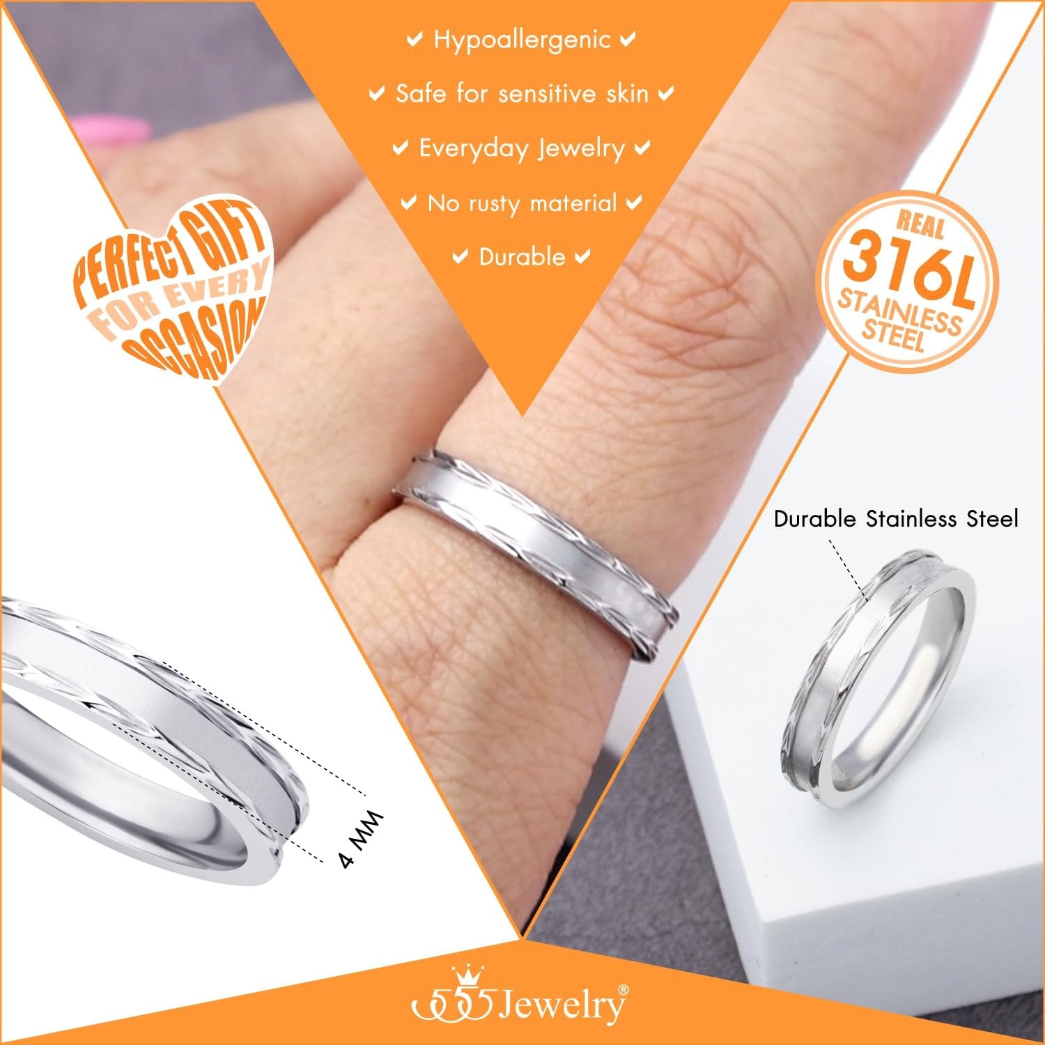 image:image555Jewelry 4mm Sandblast Stainless Steel CZ Wedding Band Ring for Women amp MenSilver Style 11
