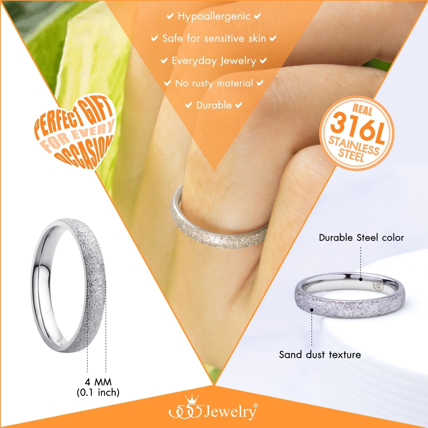image:image555Jewelry 4mm Sandblast Stainless Steel CZ Wedding Band Ring for Women amp MenSilver Style 2