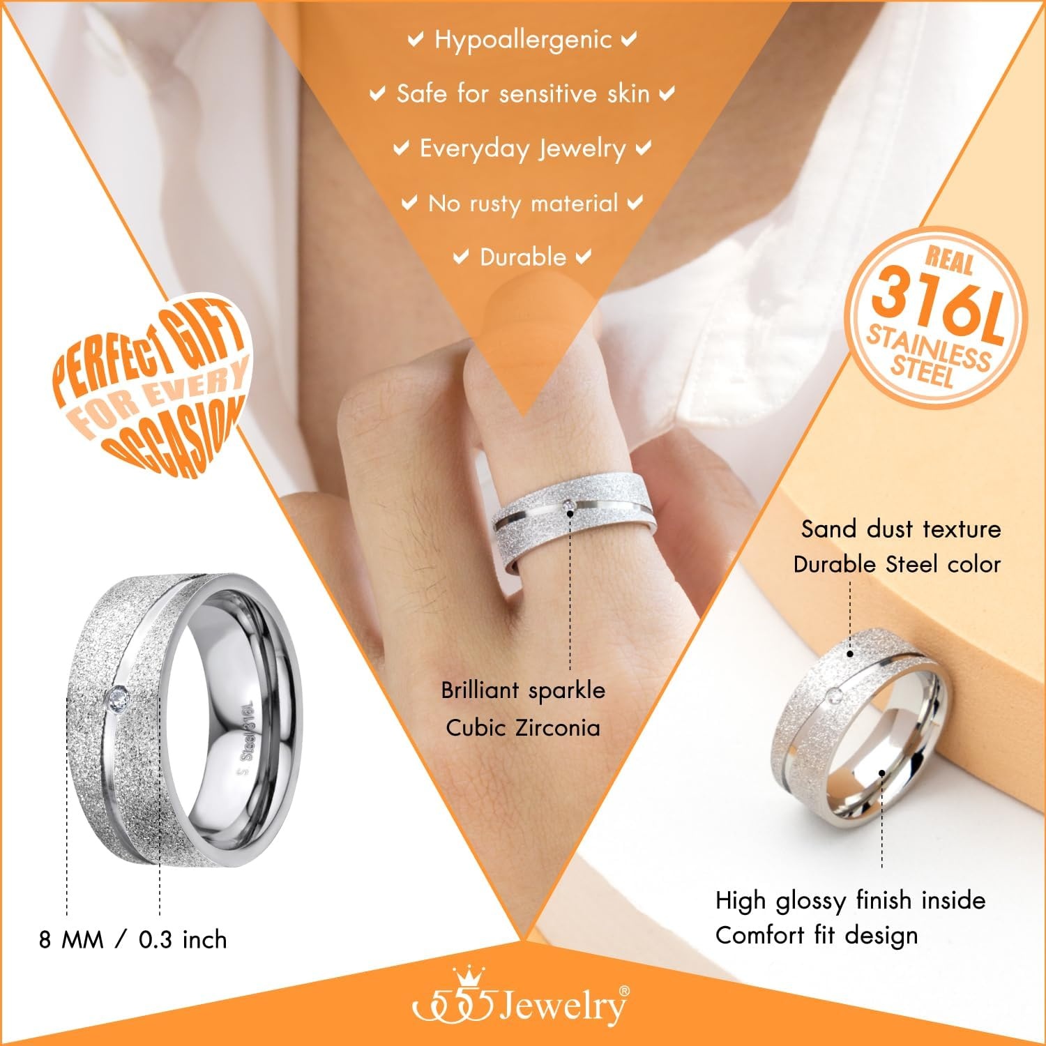 image:image555Jewelry 4mm Sandblast Stainless Steel CZ Wedding Band Ring for Women amp MenSilver Style 3
