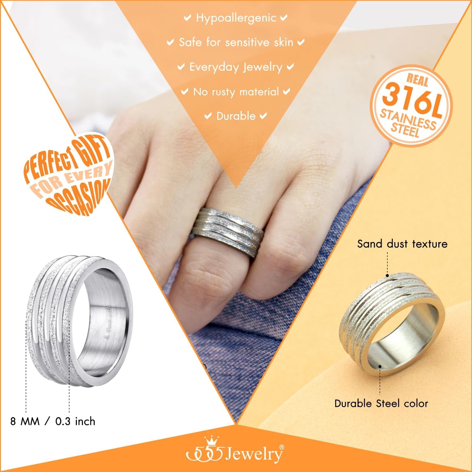 image:image555Jewelry 4mm Sandblast Stainless Steel CZ Wedding Band Ring for Women amp MenSilver Style 4