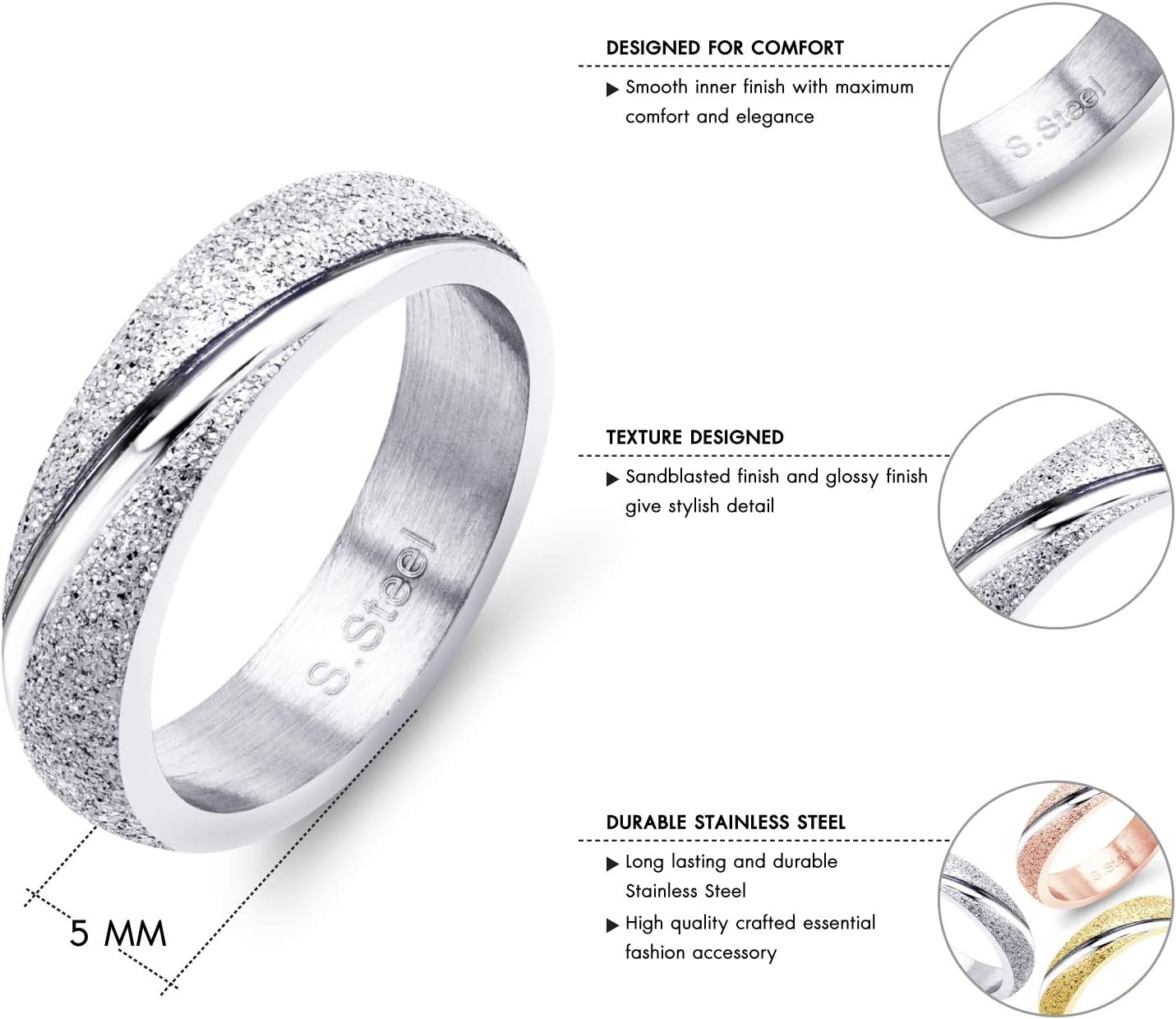 image:image555Jewelry 4mm Sandblast Stainless Steel CZ Wedding Band Ring for Women amp MenSilver Style 6