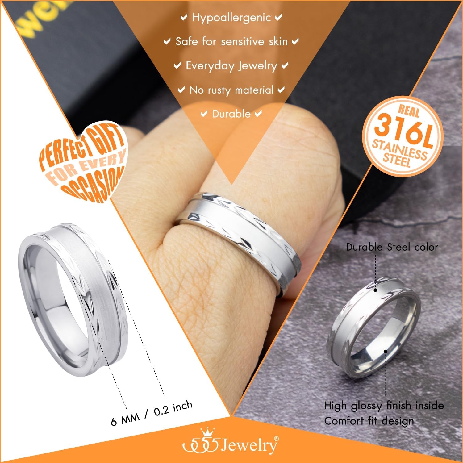 image:image555Jewelry 4mm Sandblast Stainless Steel CZ Wedding Band Ring for Women amp MenSilver Style 7