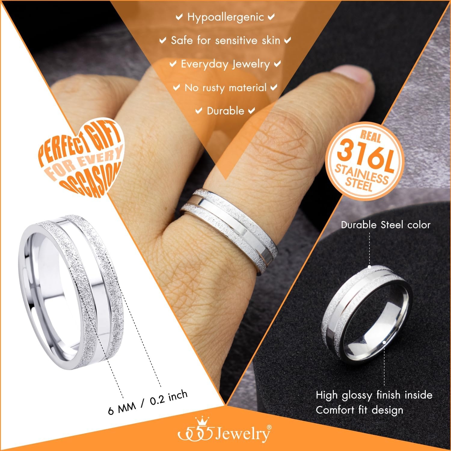image:image555Jewelry 4mm Sandblast Stainless Steel CZ Wedding Band Ring for Women amp MenSilver Style 8