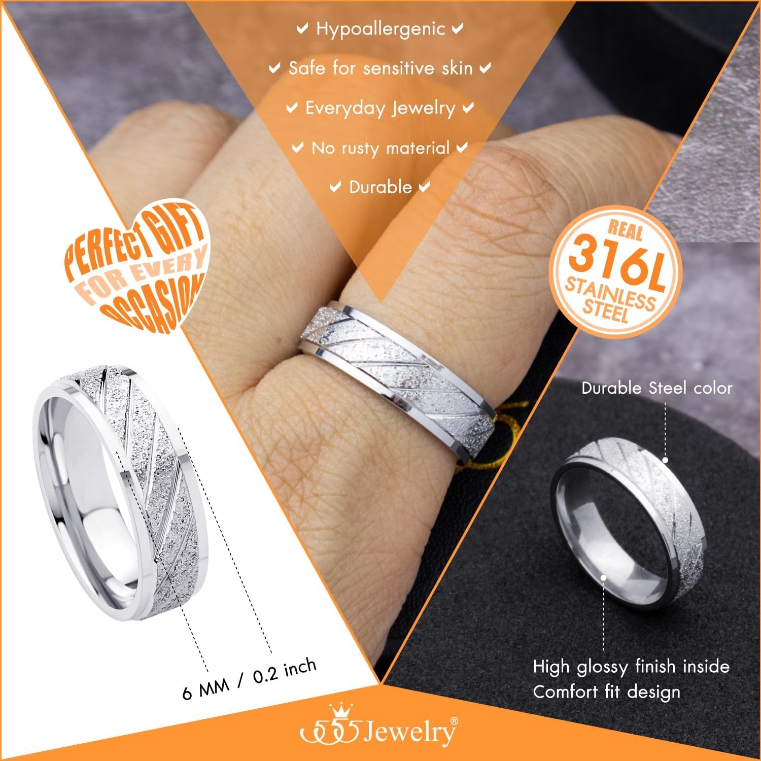 image:image555Jewelry 4mm Sandblast Stainless Steel CZ Wedding Band Ring for Women amp MenSilver Style 9