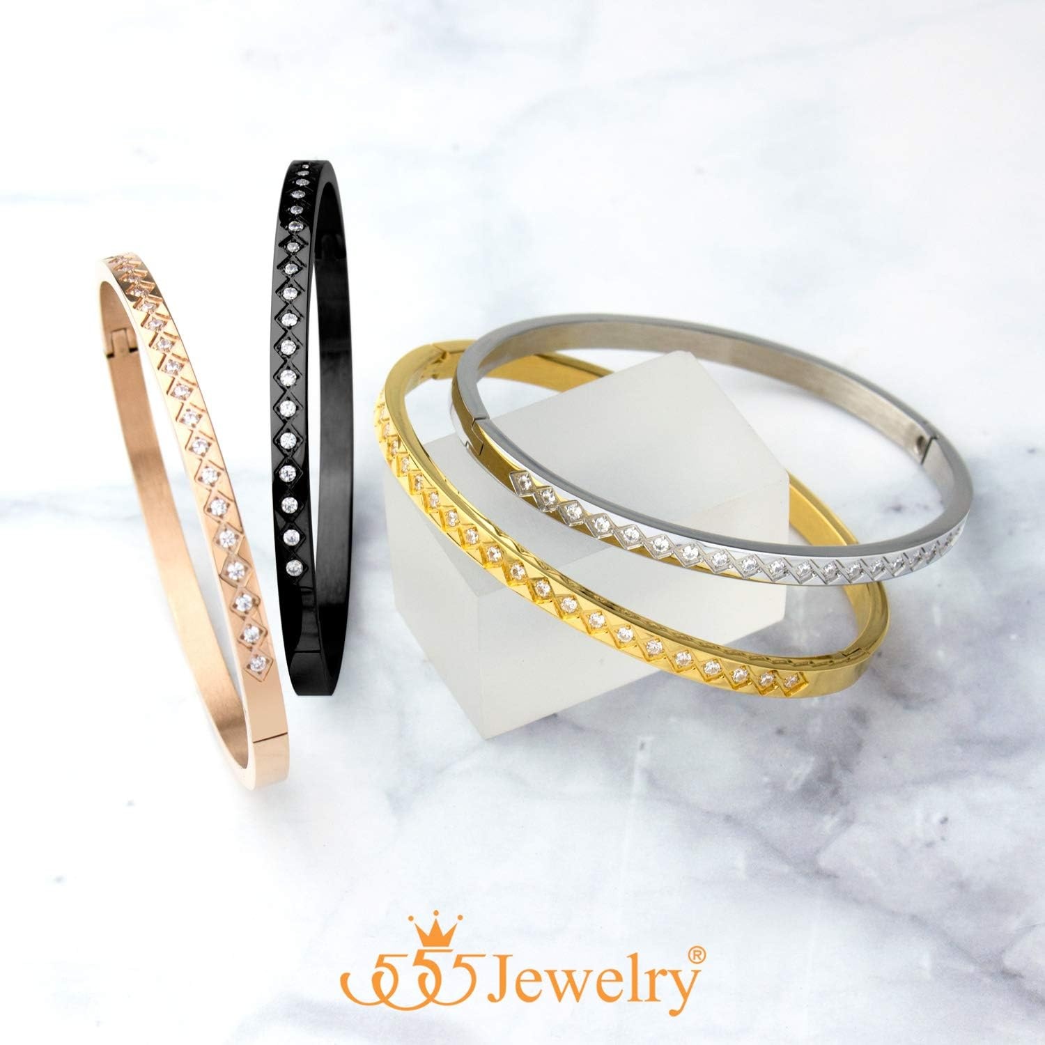 image:image555Jewelry 4mm Sparkly CZ Stainless Steel Hinged Bangle Bracelet for WomenBlack