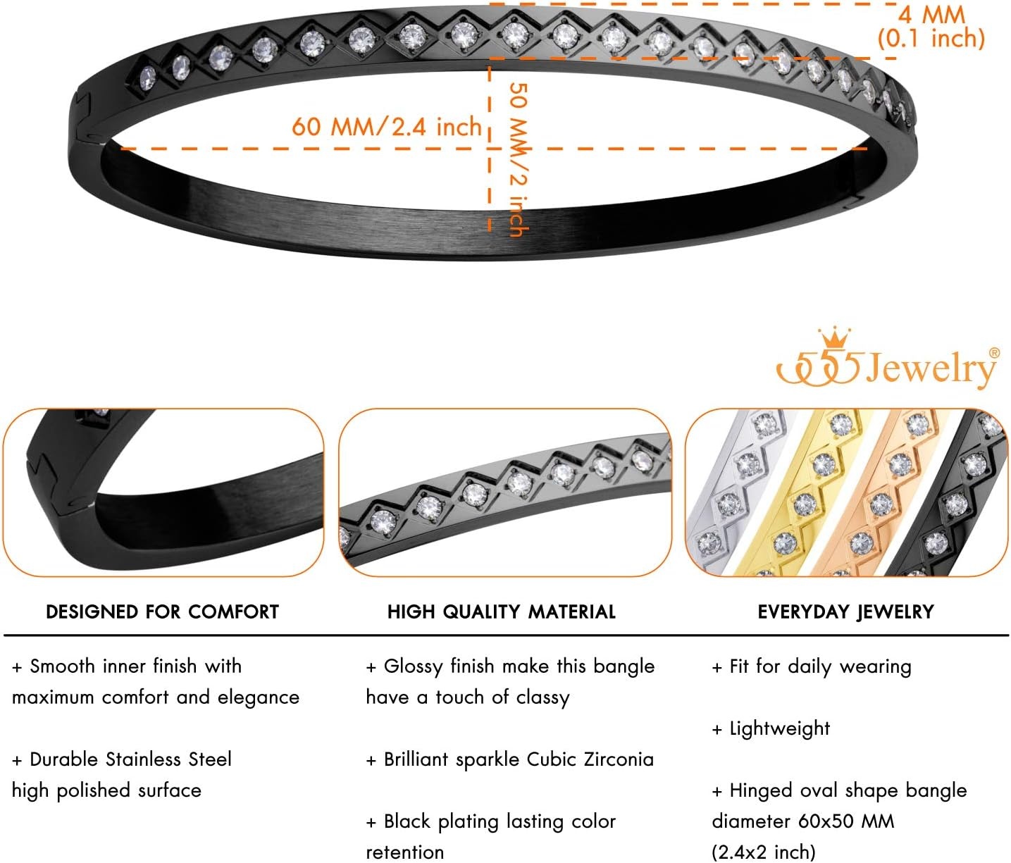 image:image555Jewelry 4mm Sparkly CZ Stainless Steel Hinged Bangle Bracelet for WomenBlack