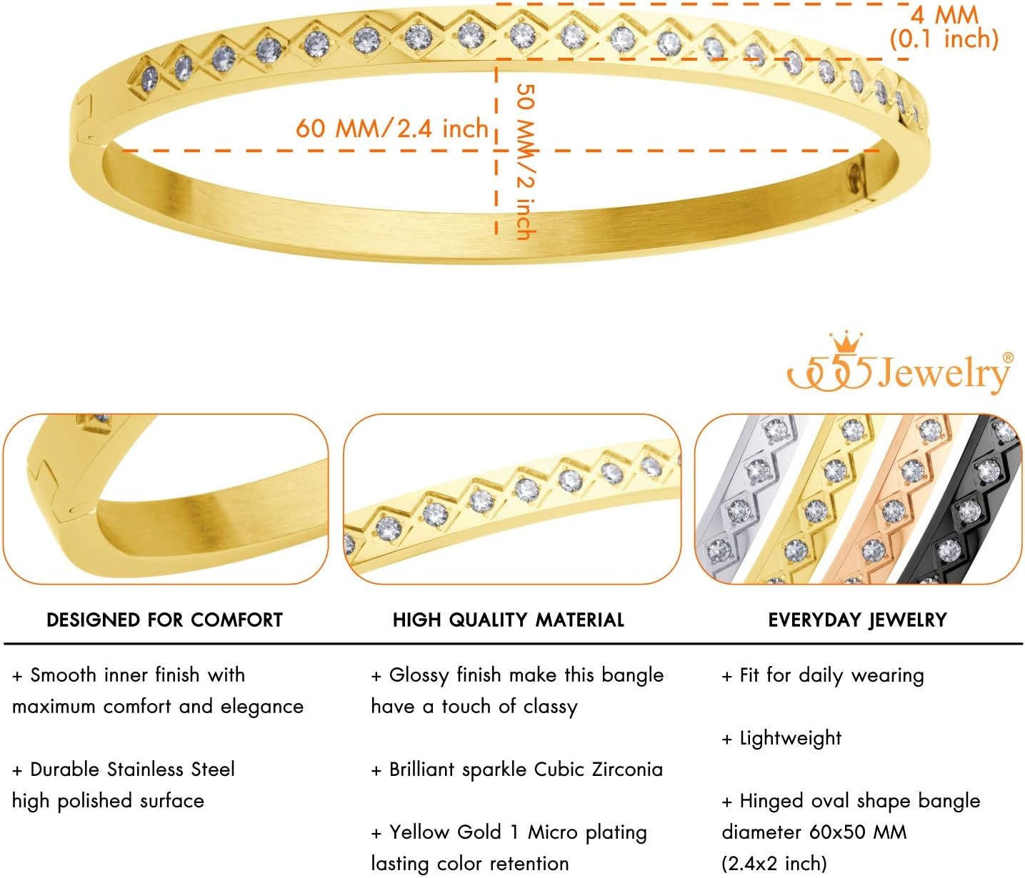 image:image555Jewelry 4mm Sparkly CZ Stainless Steel Hinged Bangle Bracelet for WomenGold