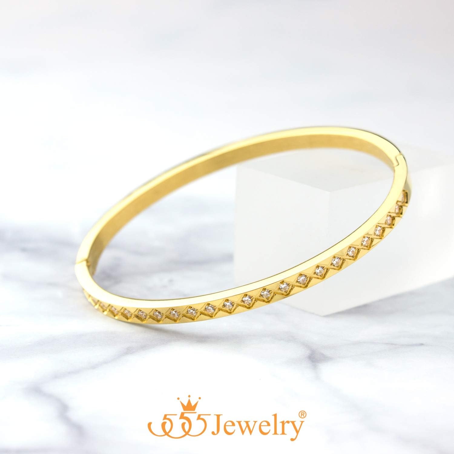 image:image555Jewelry 4mm Sparkly CZ Stainless Steel Hinged Bangle Bracelet for WomenGold