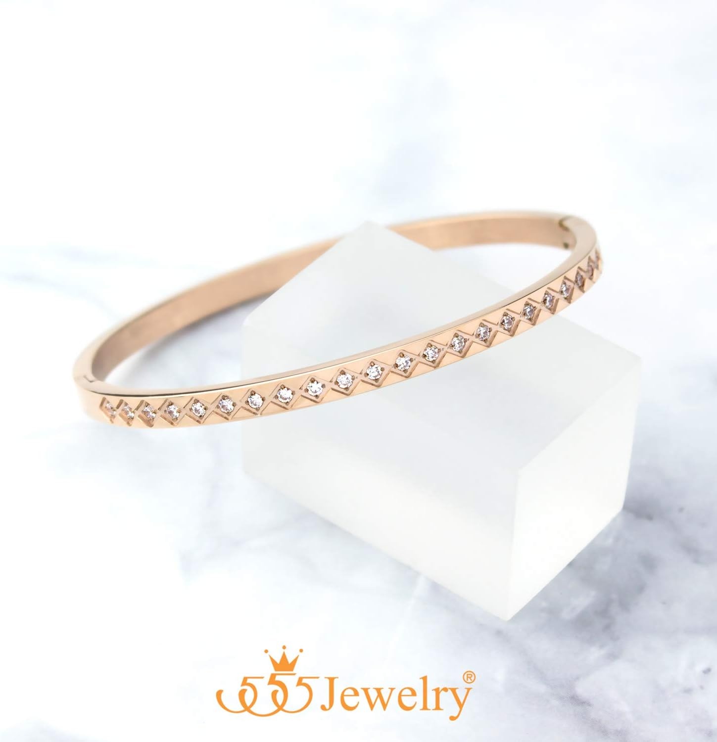 image:image555Jewelry 4mm Sparkly CZ Stainless Steel Hinged Bangle Bracelet for WomenRose Gold