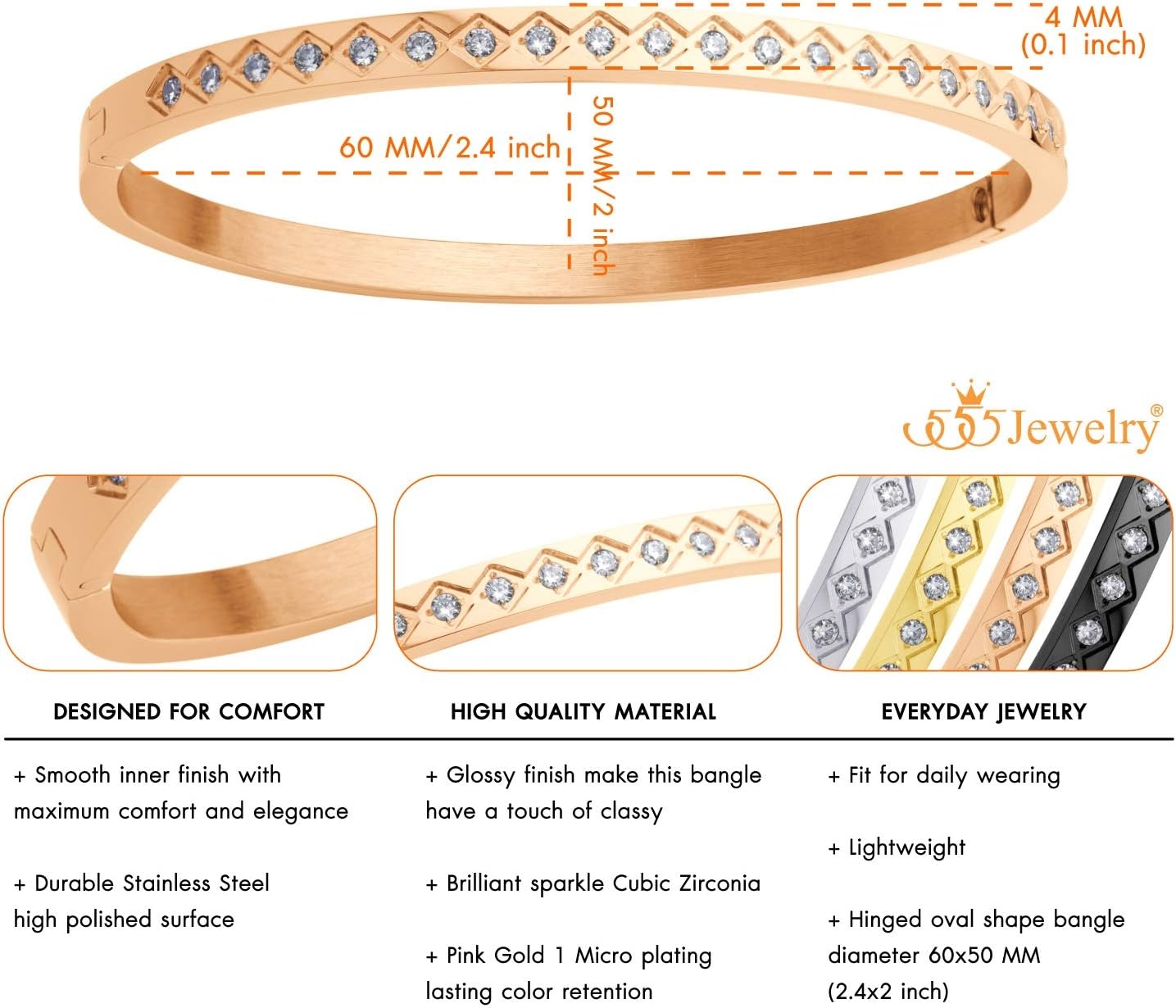 image:image555Jewelry 4mm Sparkly CZ Stainless Steel Hinged Bangle Bracelet for WomenRose Gold