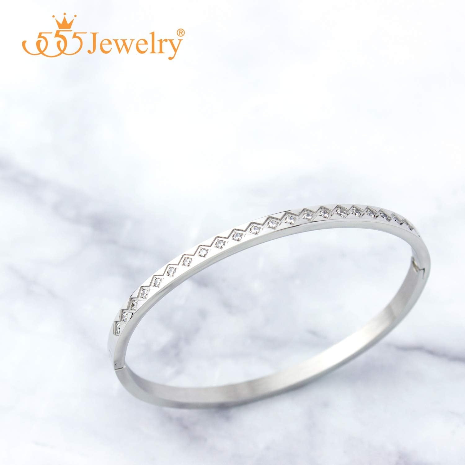 image:image555Jewelry 4mm Sparkly CZ Stainless Steel Hinged Bangle Bracelet for WomenSilver