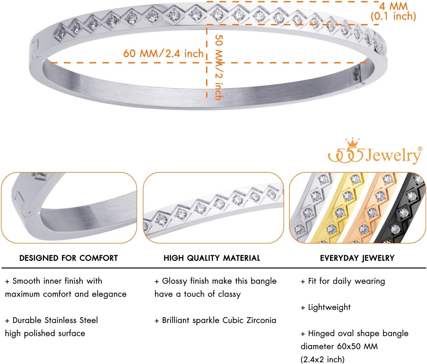 image:image555Jewelry 4mm Sparkly CZ Stainless Steel Hinged Bangle Bracelet for WomenSilver