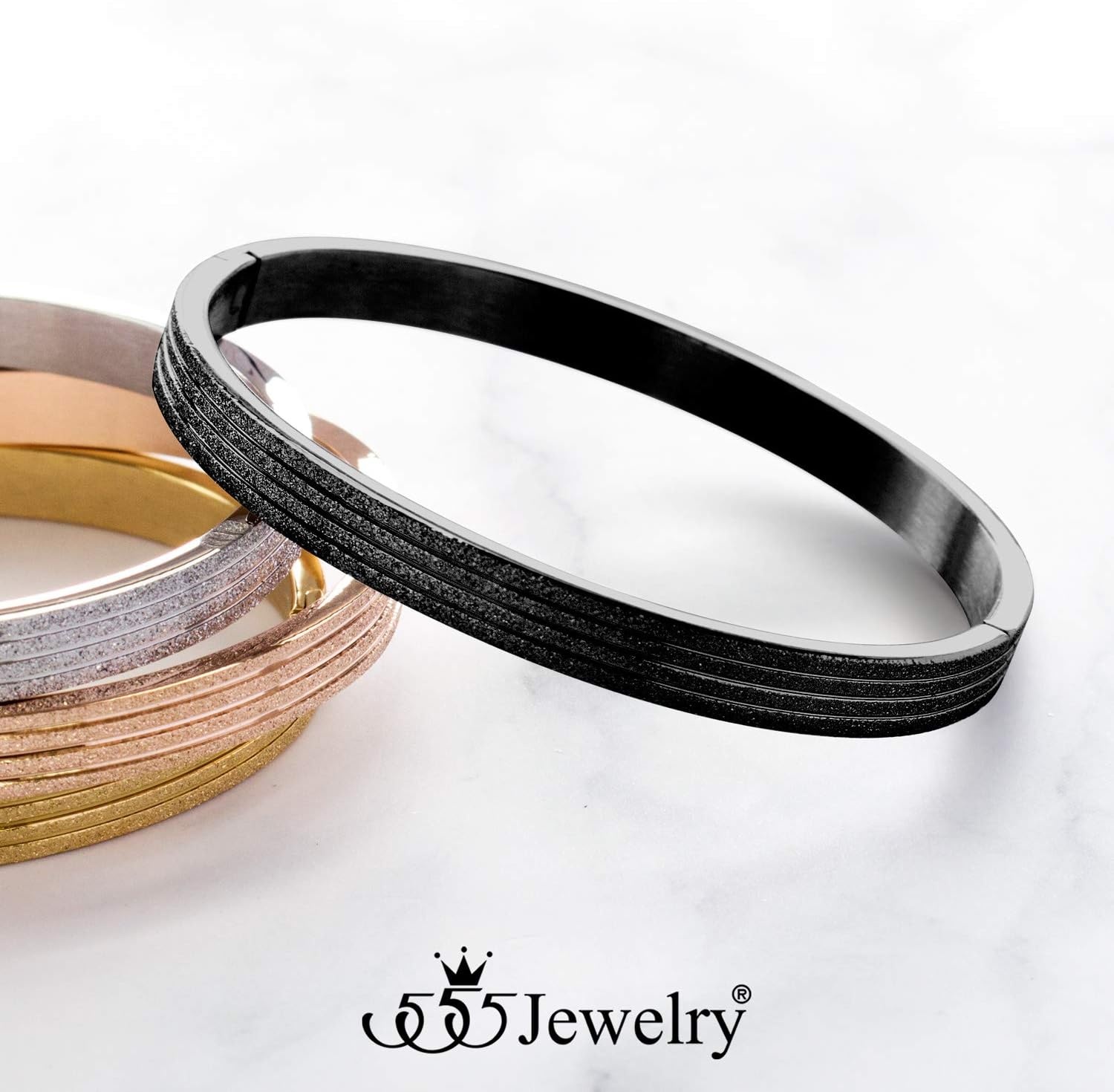 image:image555Jewelry 4mm Sparkly Stainless Steel Solid Hinged Bangle Bracelet for WomenBlack Style 2