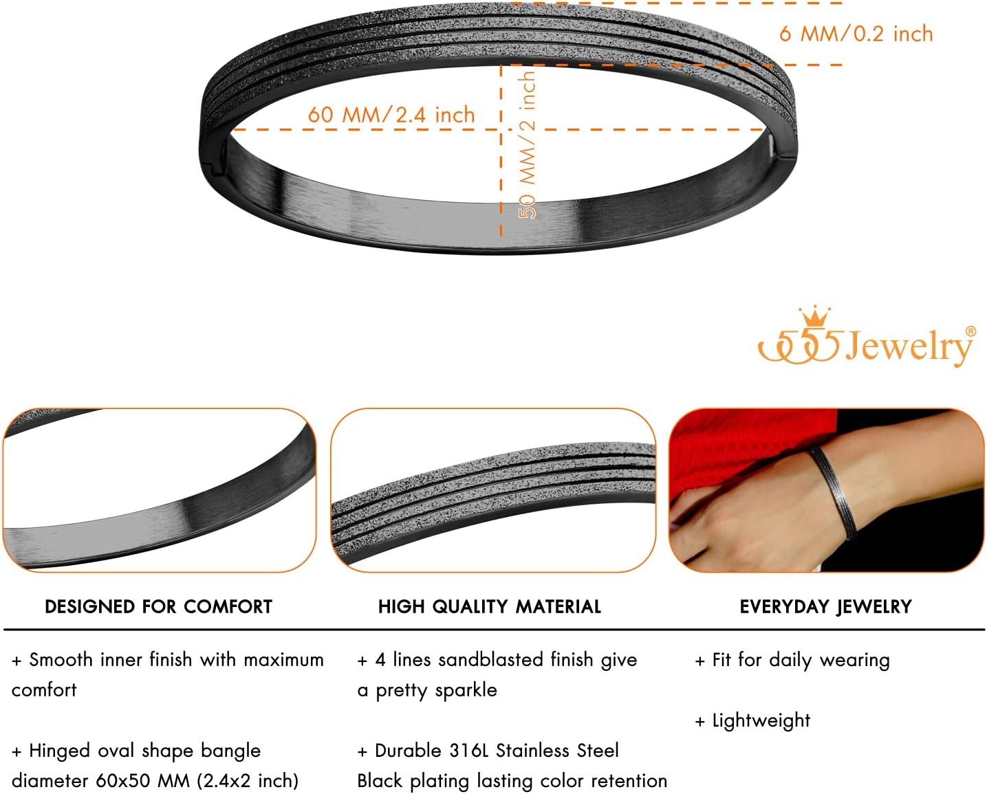 image:image555Jewelry 4mm Sparkly Stainless Steel Solid Hinged Bangle Bracelet for WomenBlack Style 2