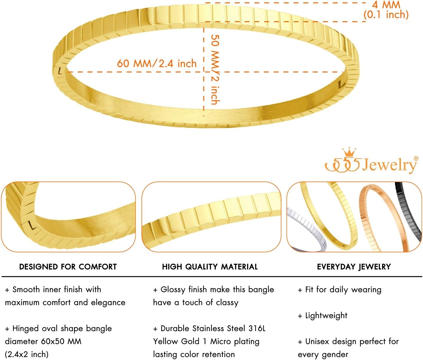 image:image555Jewelry 4mm Sparkly Stainless Steel Solid Hinged Bangle Bracelet for WomenGold