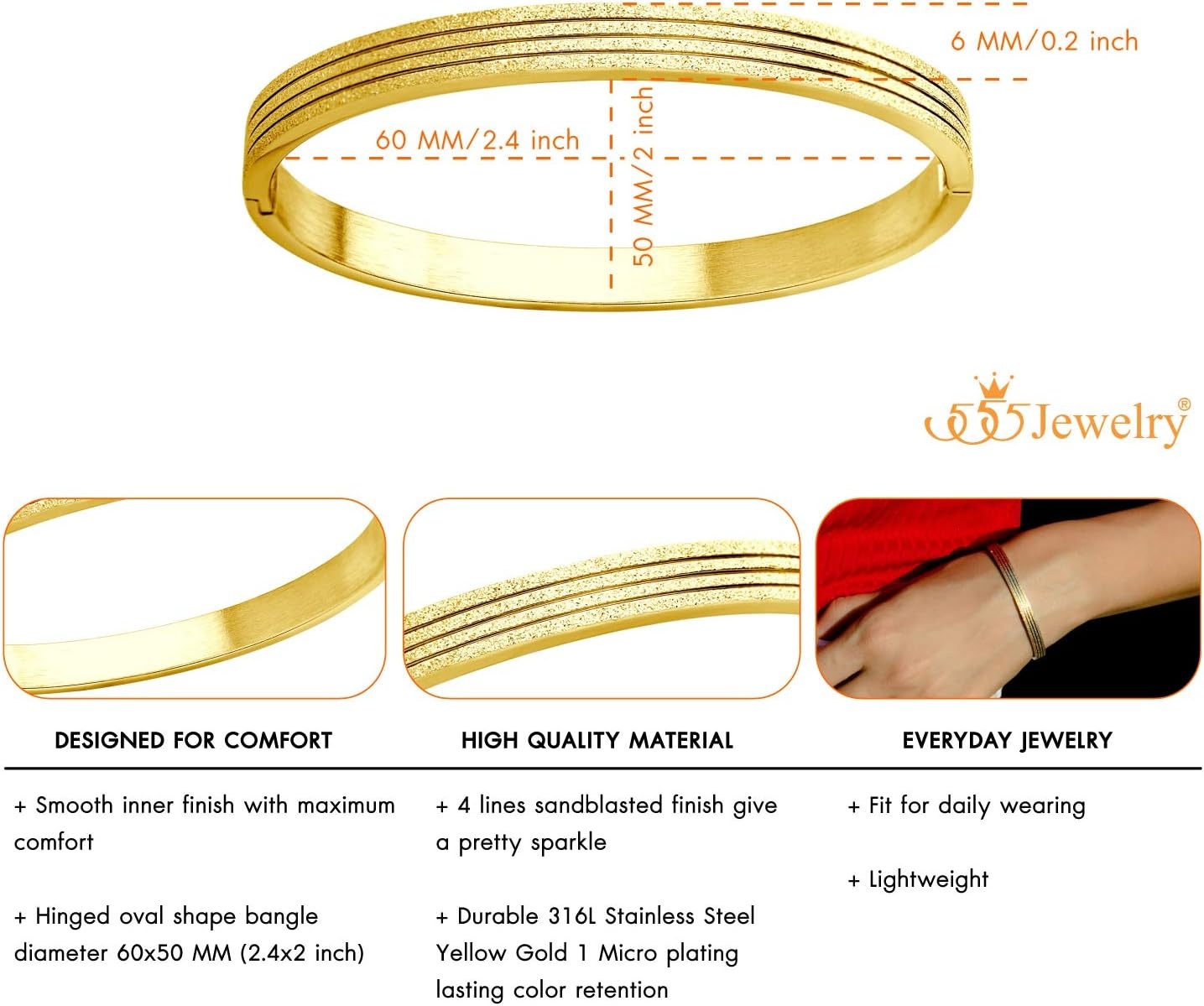 image:image555Jewelry 4mm Sparkly Stainless Steel Solid Hinged Bangle Bracelet for WomenGold Style 2