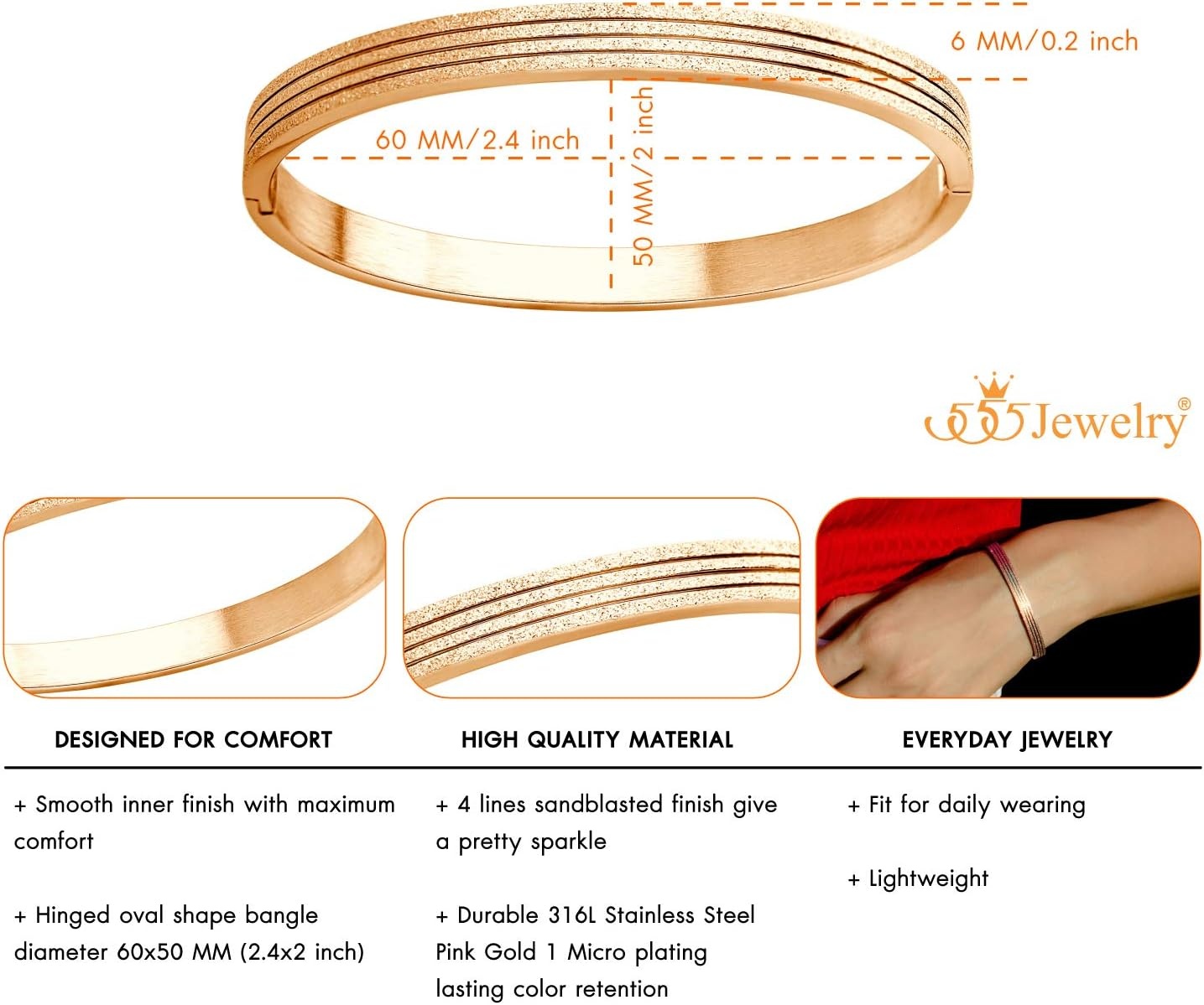 image:image555Jewelry 4mm Sparkly Stainless Steel Solid Hinged Bangle Bracelet for WomenRose Gold Style 2