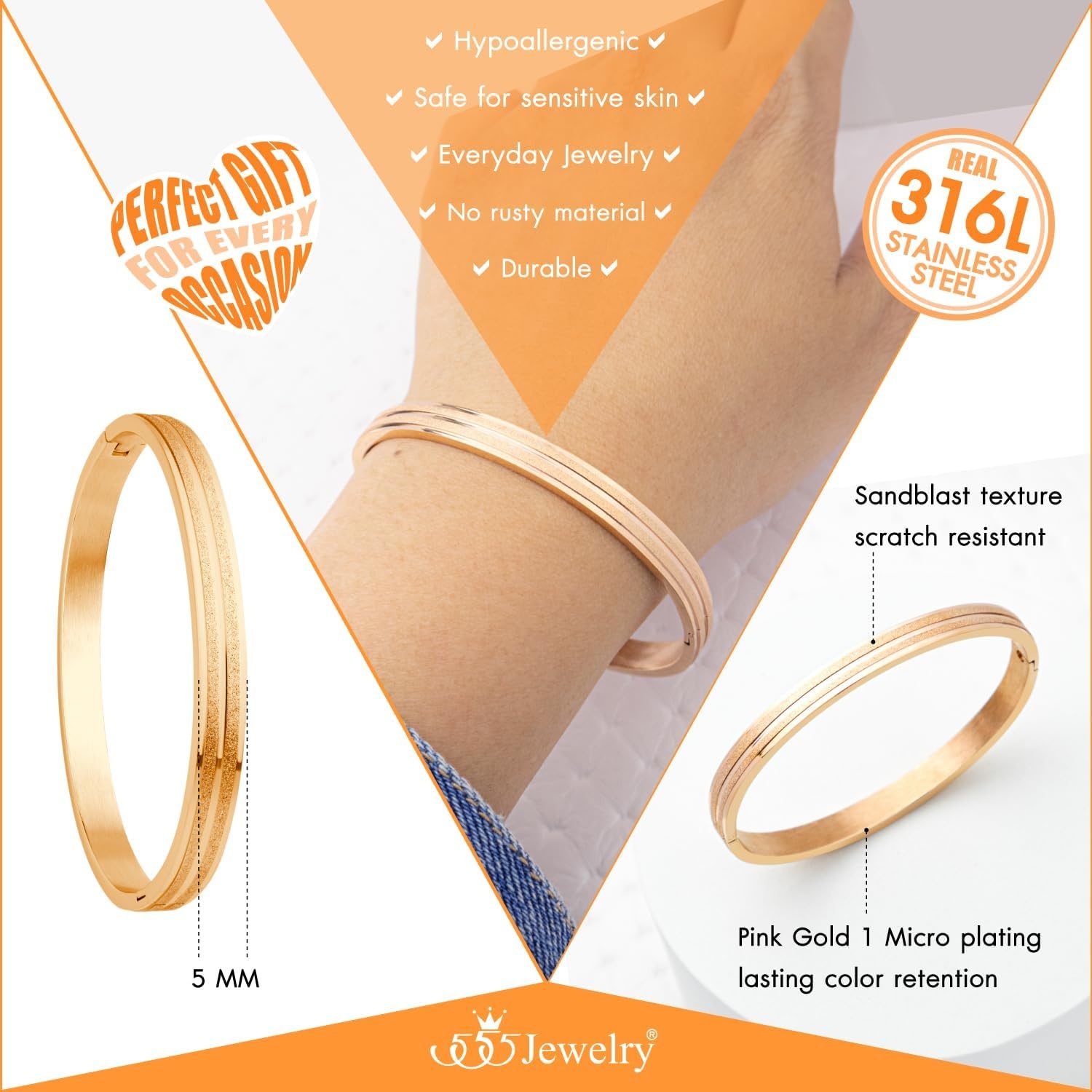 image:image555Jewelry 4mm Sparkly Stainless Steel Solid Hinged Bangle Bracelet for WomenRose Gold Style 3