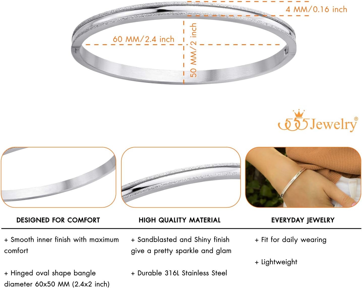 image:image555Jewelry 4mm Sparkly Stainless Steel Solid Hinged Bangle Bracelet for WomenSilver