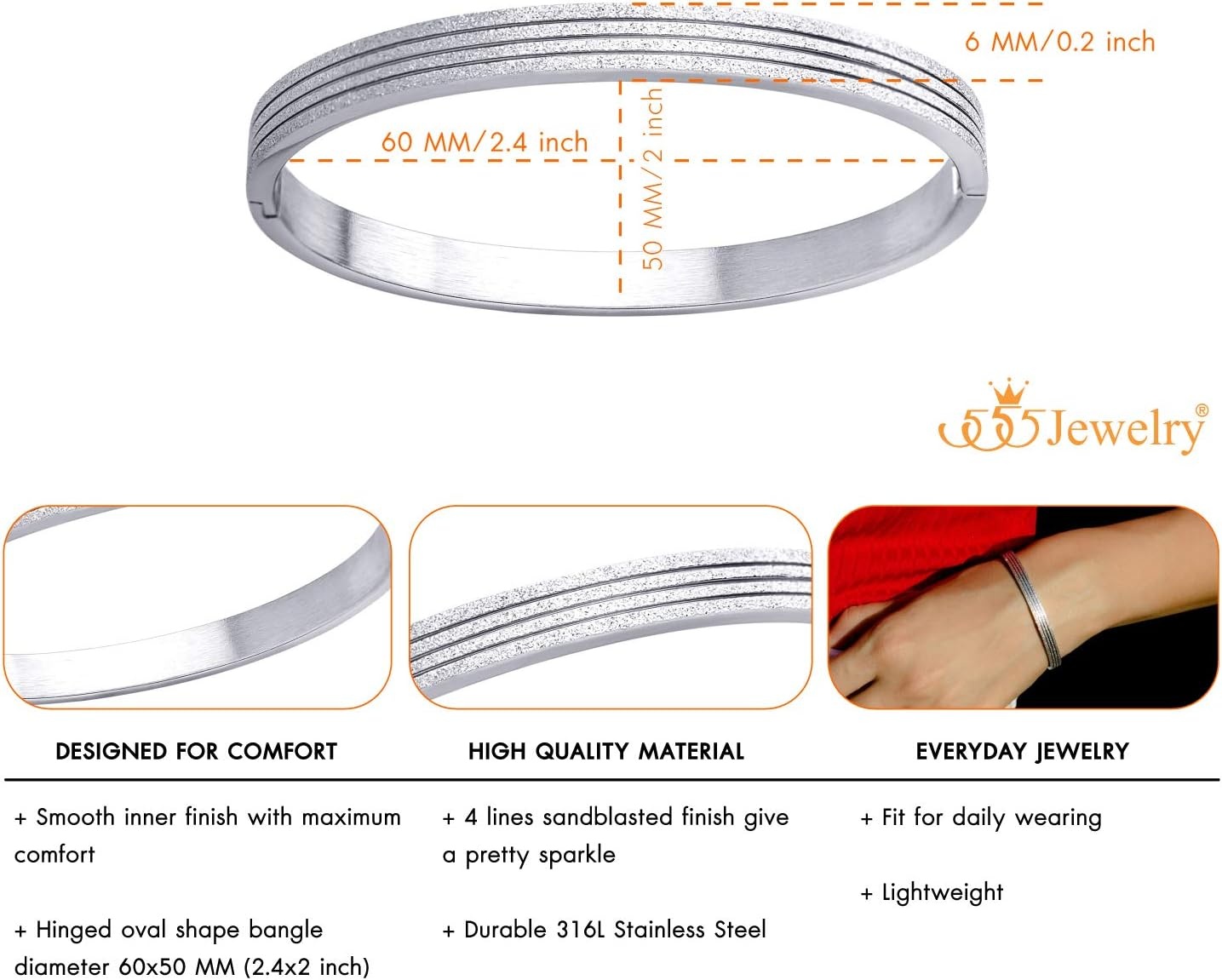 image:image555Jewelry 4mm Sparkly Stainless Steel Solid Hinged Bangle Bracelet for WomenSilver Style 2
