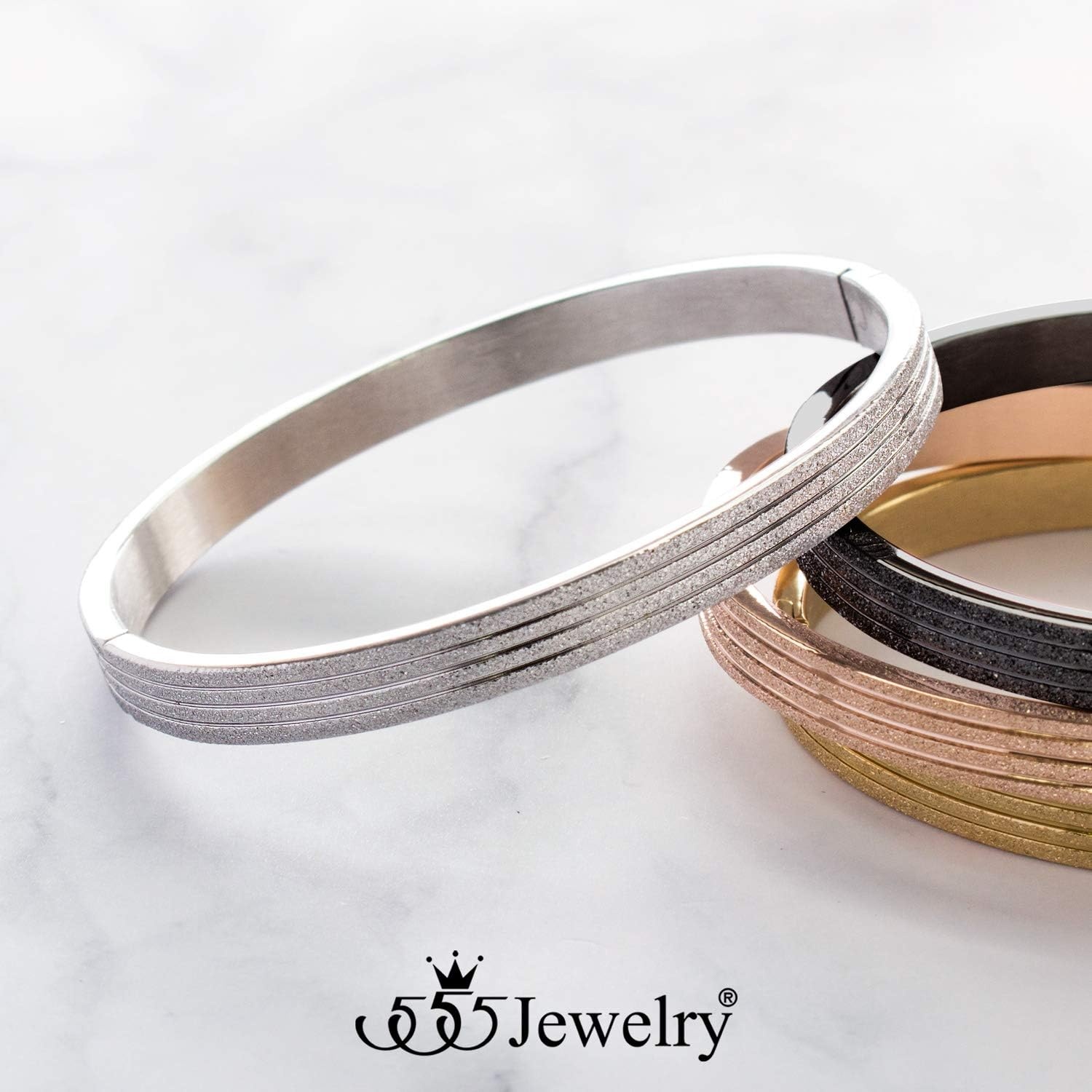 image:image555Jewelry 4mm Sparkly Stainless Steel Solid Hinged Bangle Bracelet for WomenSilver Style 2