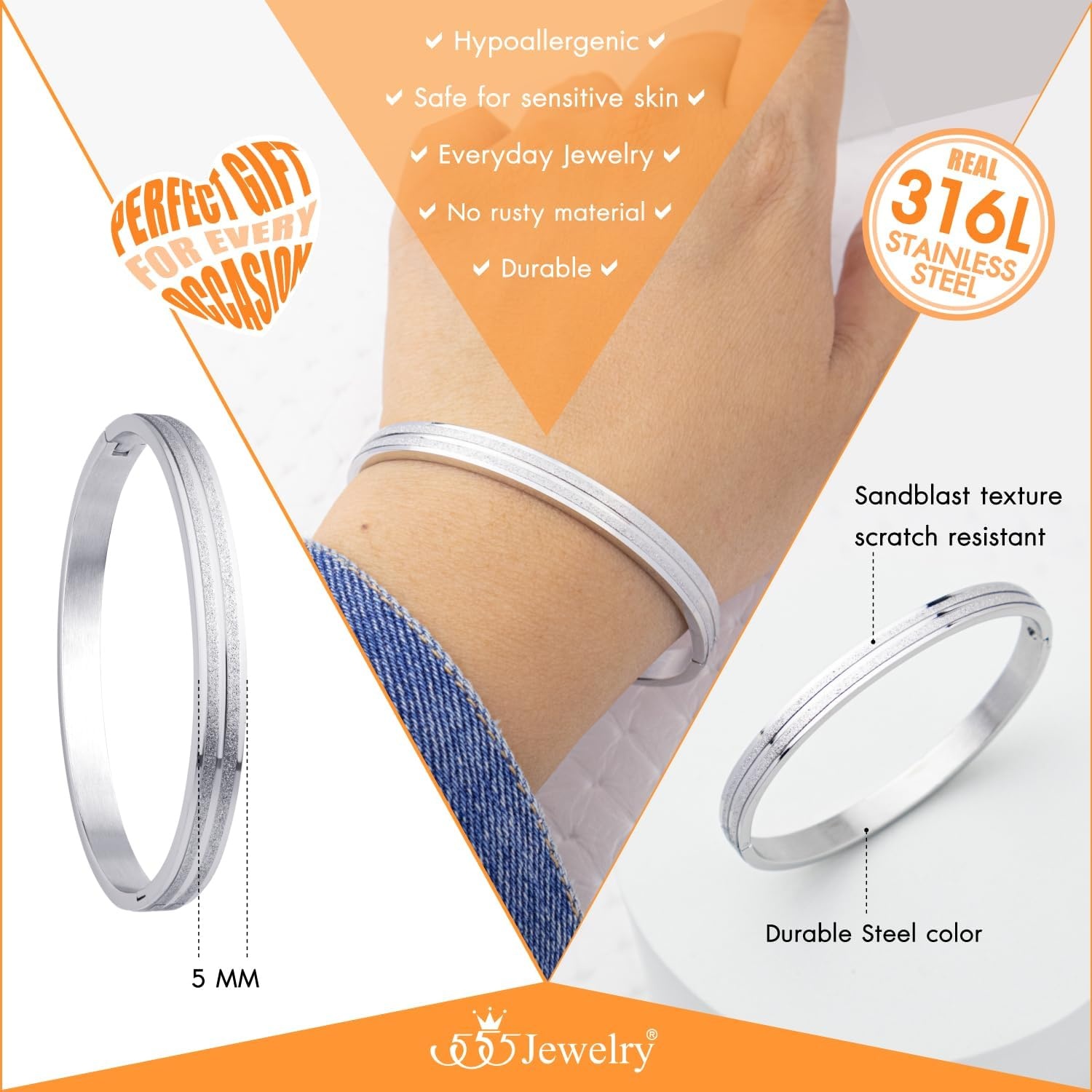 image:image555Jewelry 4mm Sparkly Stainless Steel Solid Hinged Bangle Bracelet for WomenSilver Style 3