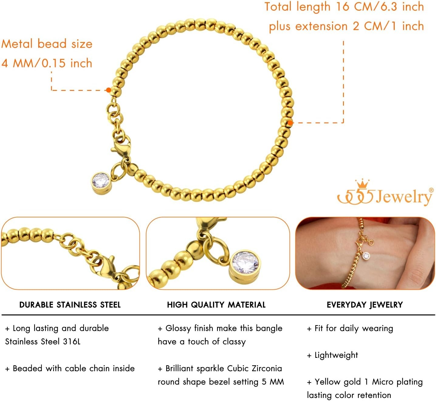 image:image555Jewelry 4mm Stainless Steel CZ Charm Ball Bead Bracelet for Women 7 InchGold