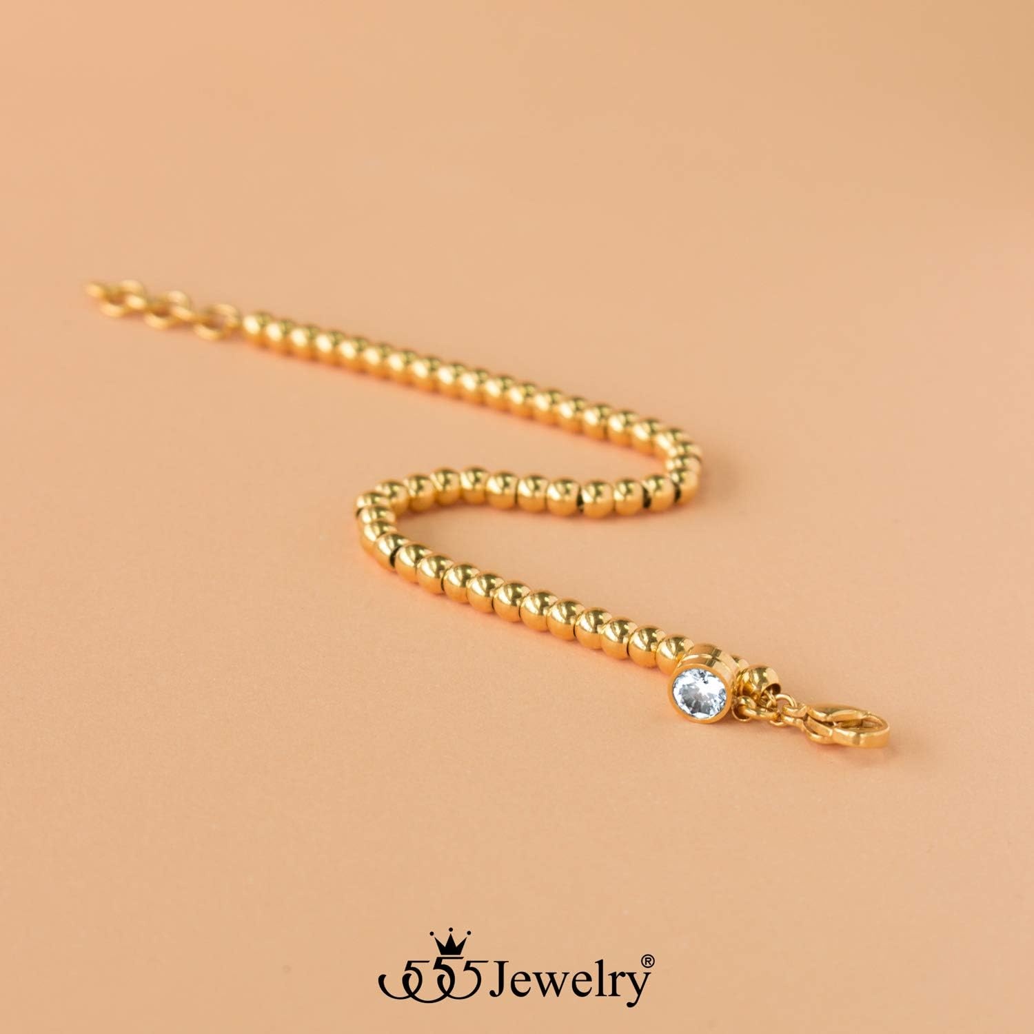 image:image555Jewelry 4mm Stainless Steel CZ Charm Ball Bead Bracelet for Women 7 InchGold