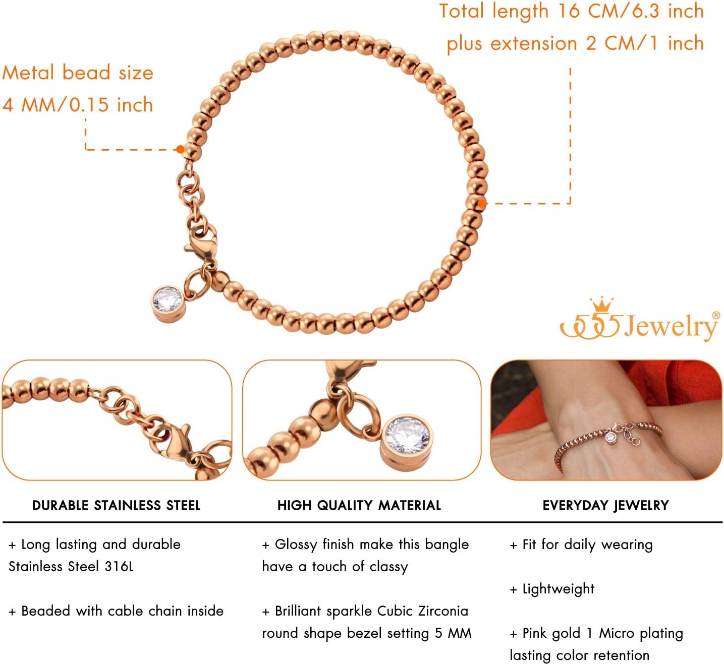 image:image555Jewelry 4mm Stainless Steel CZ Charm Ball Bead Bracelet for Women 7 InchRose Gold