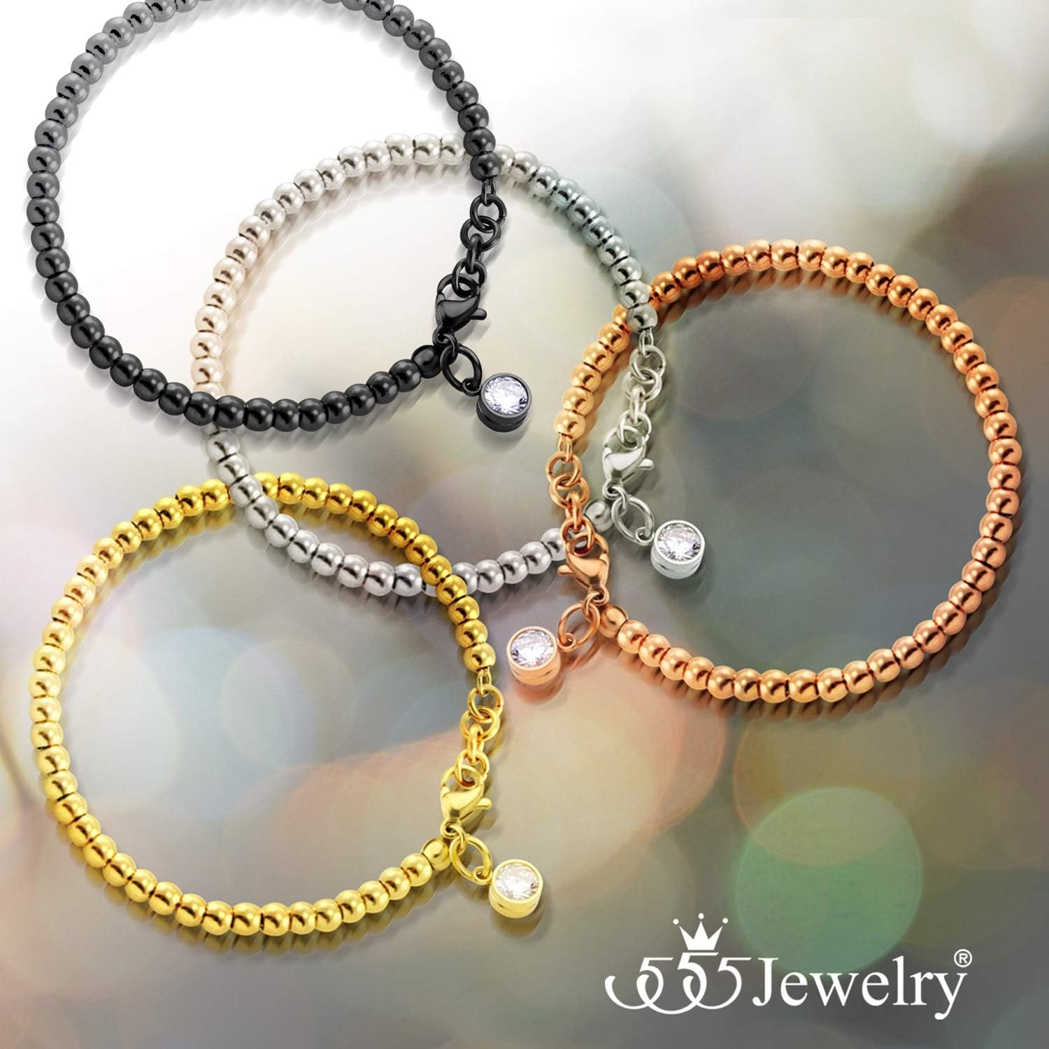 image:image555Jewelry 4mm Stainless Steel CZ Charm Ball Bead Bracelet for Women 7 InchRose Gold