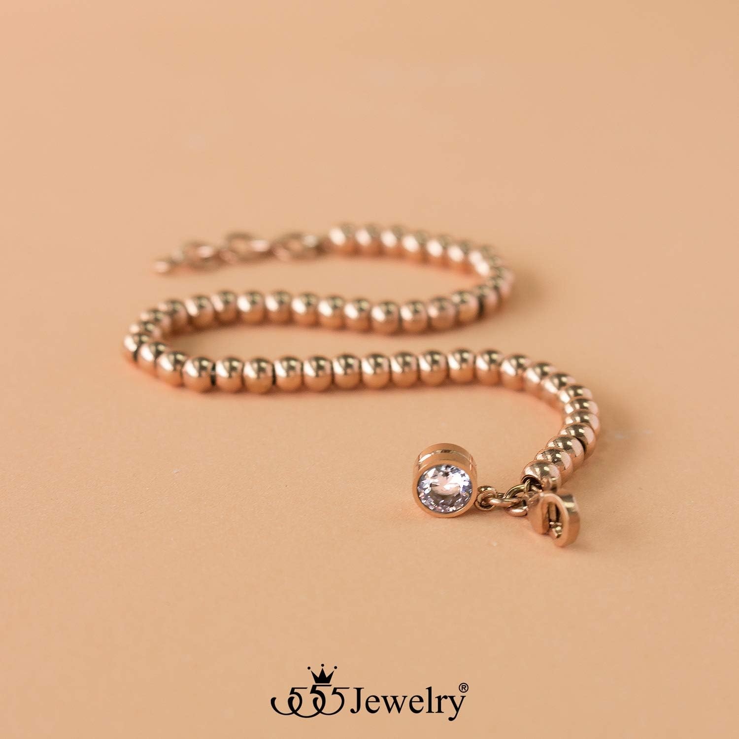 image:image555Jewelry 4mm Stainless Steel CZ Charm Ball Bead Bracelet for Women 7 InchRose Gold